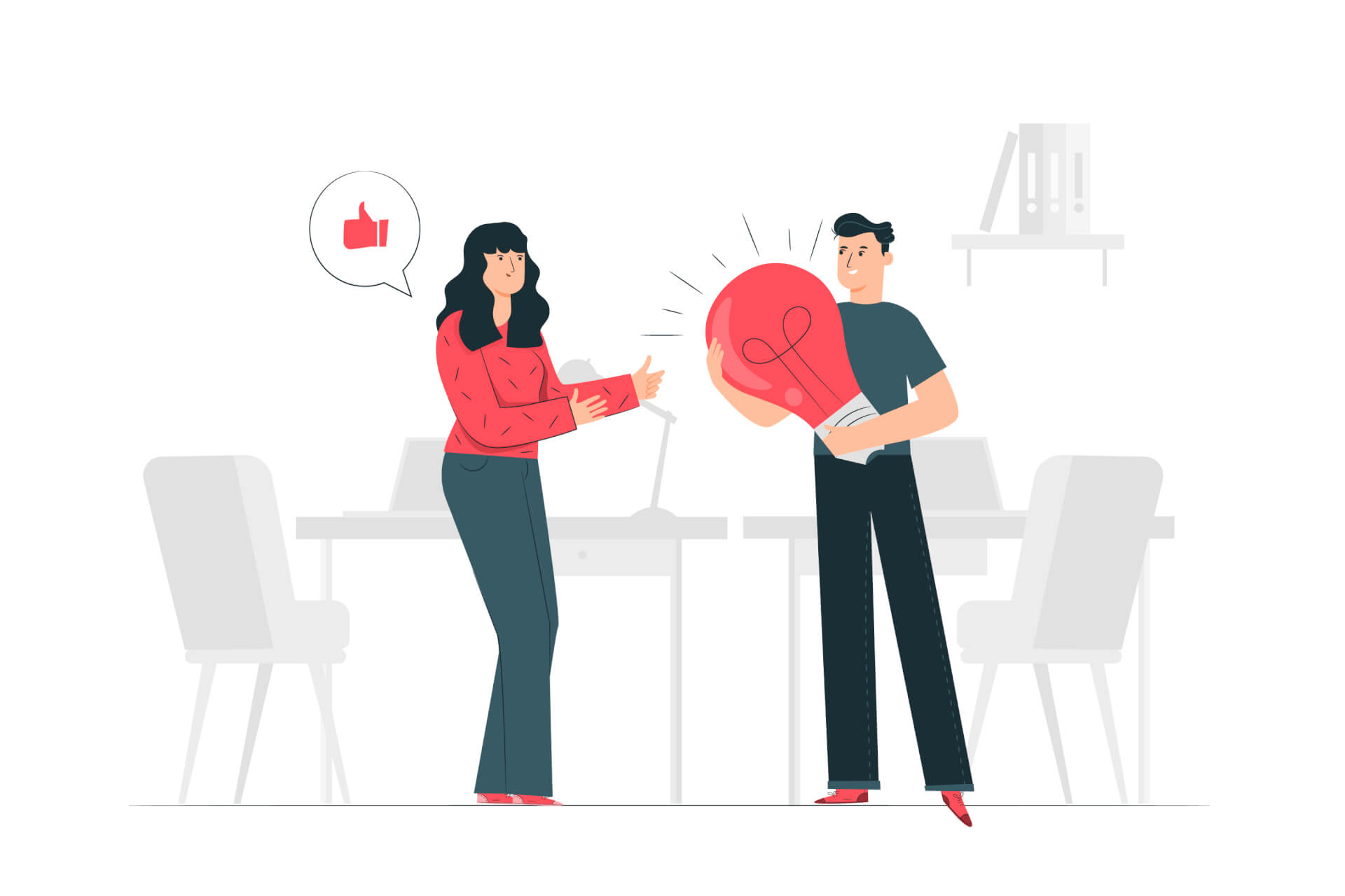 A man and a woman standing next to each other, the man holding a giant lightbulb