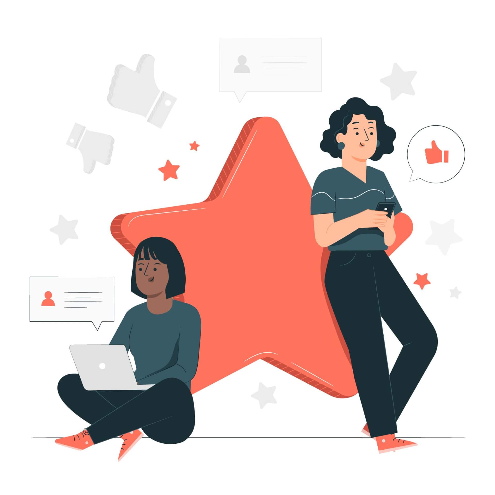 illustration of two women leaning on a giant red star, one holding a smartphone, the other a laptop.