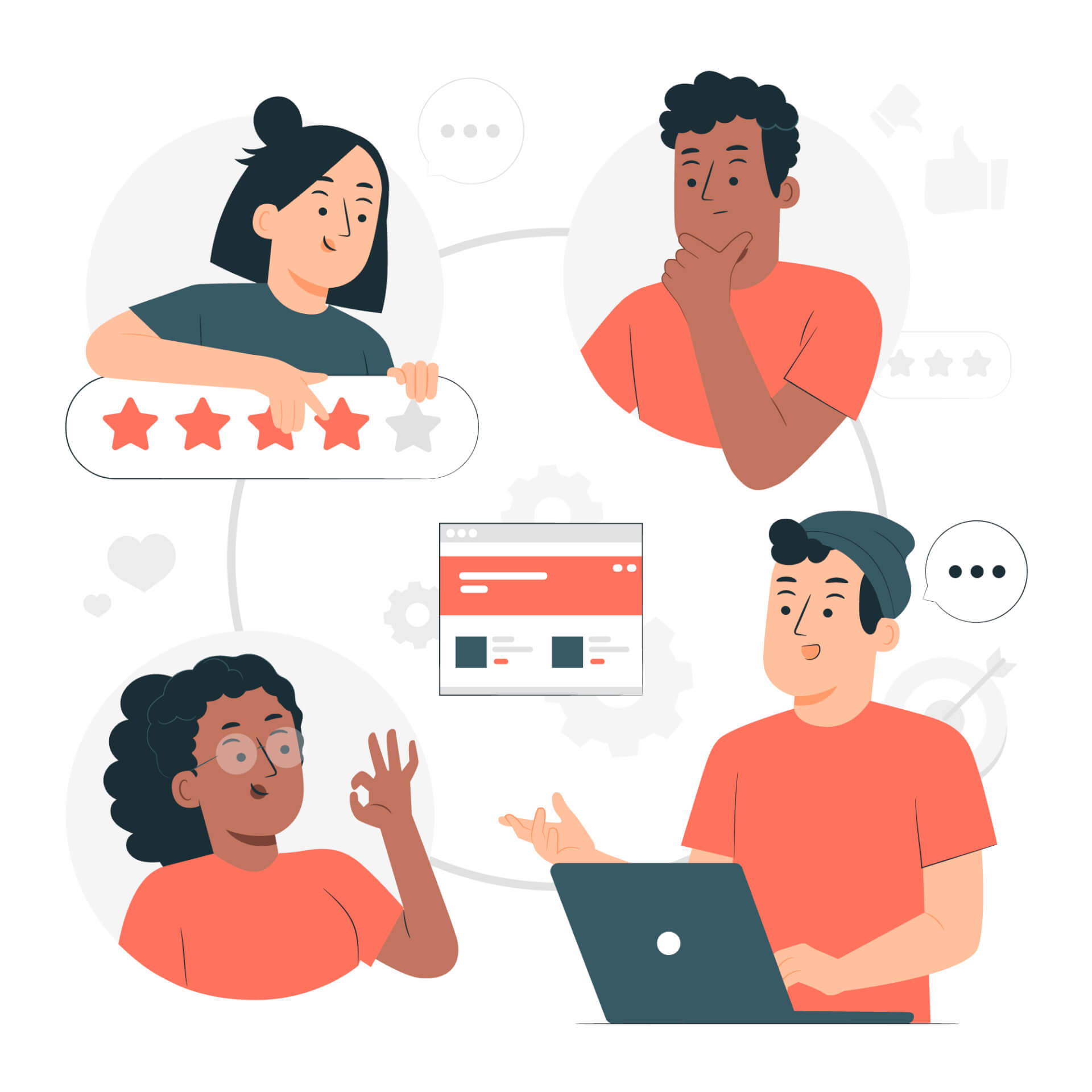 Four persons talking to each other, one holds a laptop, another is holding a 5-Star rating bar. 