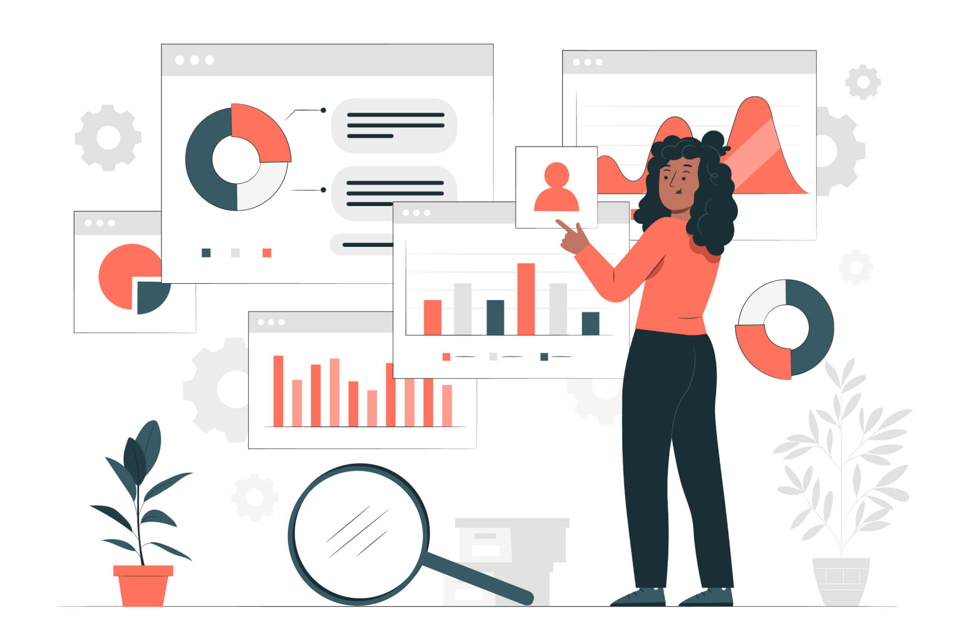Illustration of a woman looking at several displays with statistics and information, moving the displays around. In center front, a giant magnifying glass.