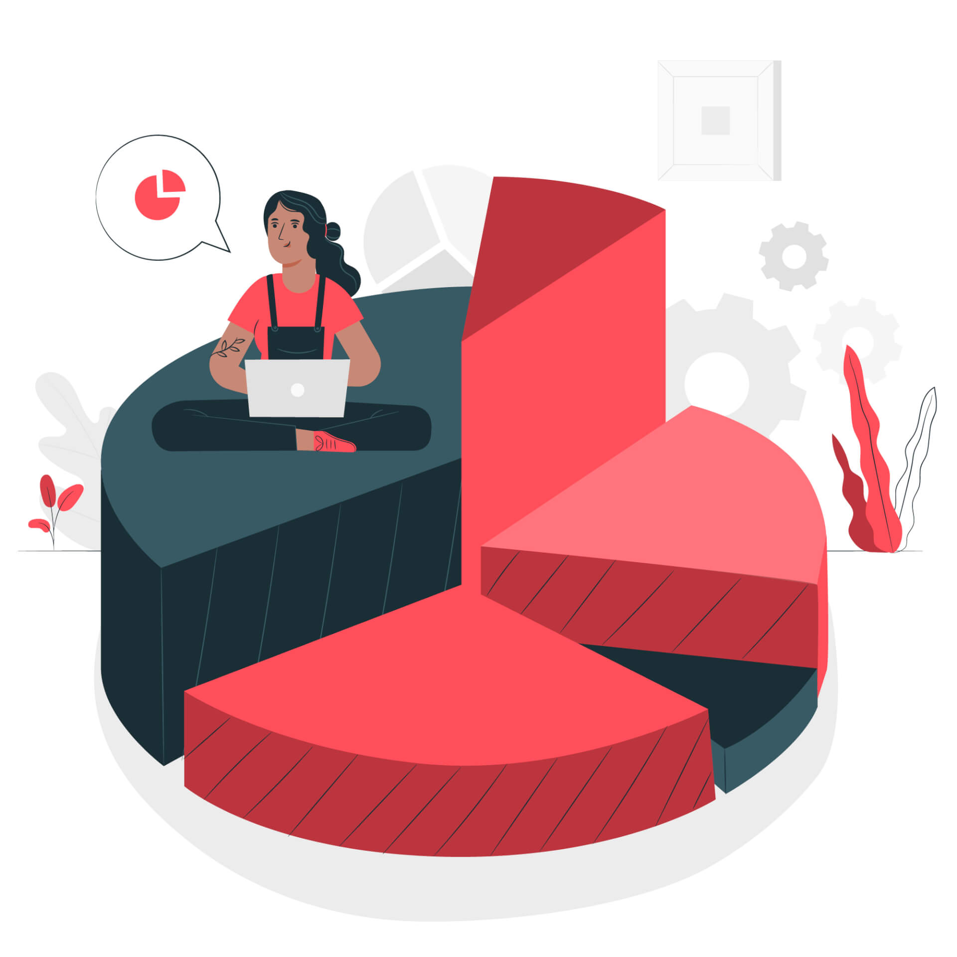 A woman, siting on a giant pie chart, working on the computer.