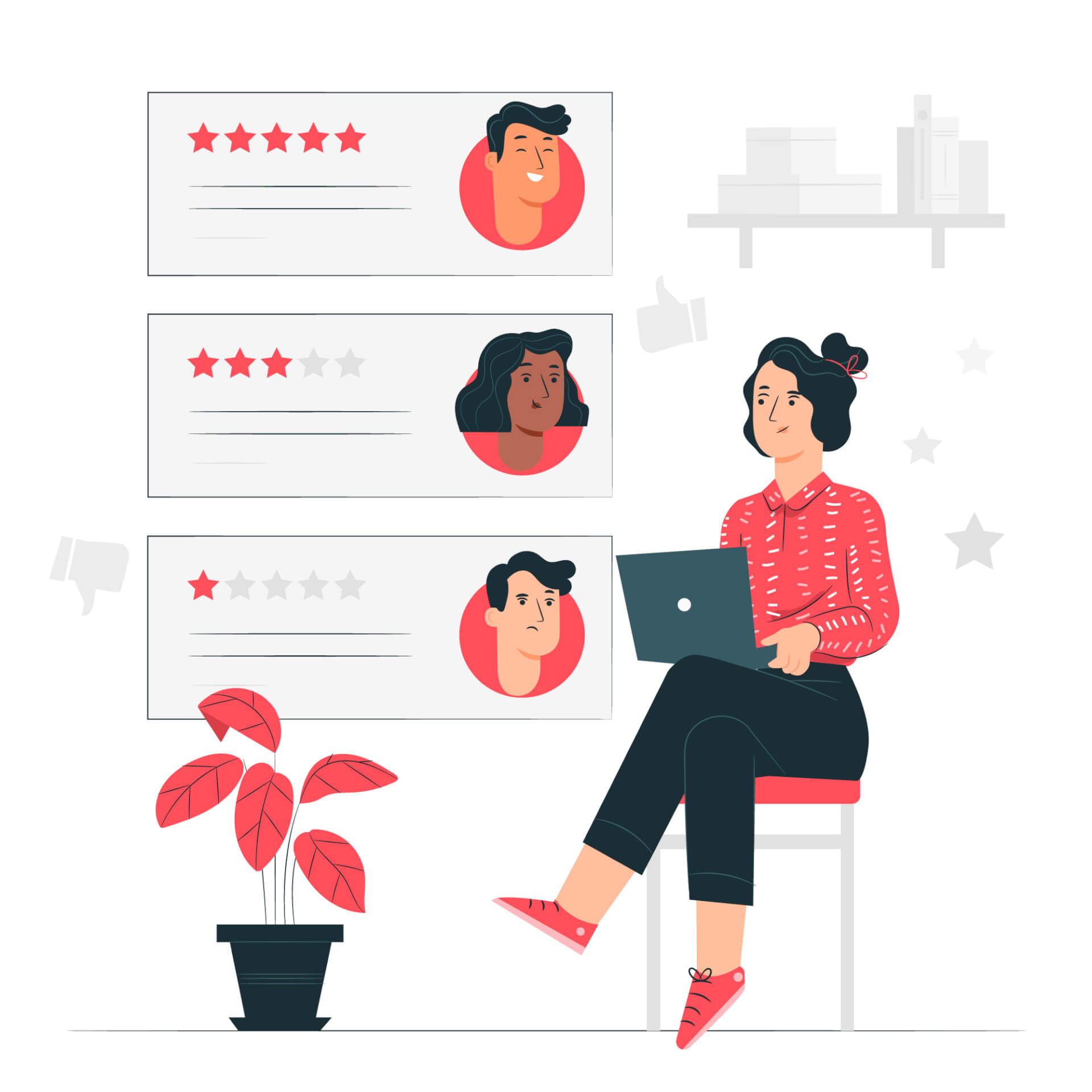 Illustration of a woman sitting on a chair, holding a laptop, looking at giant displays of user information.