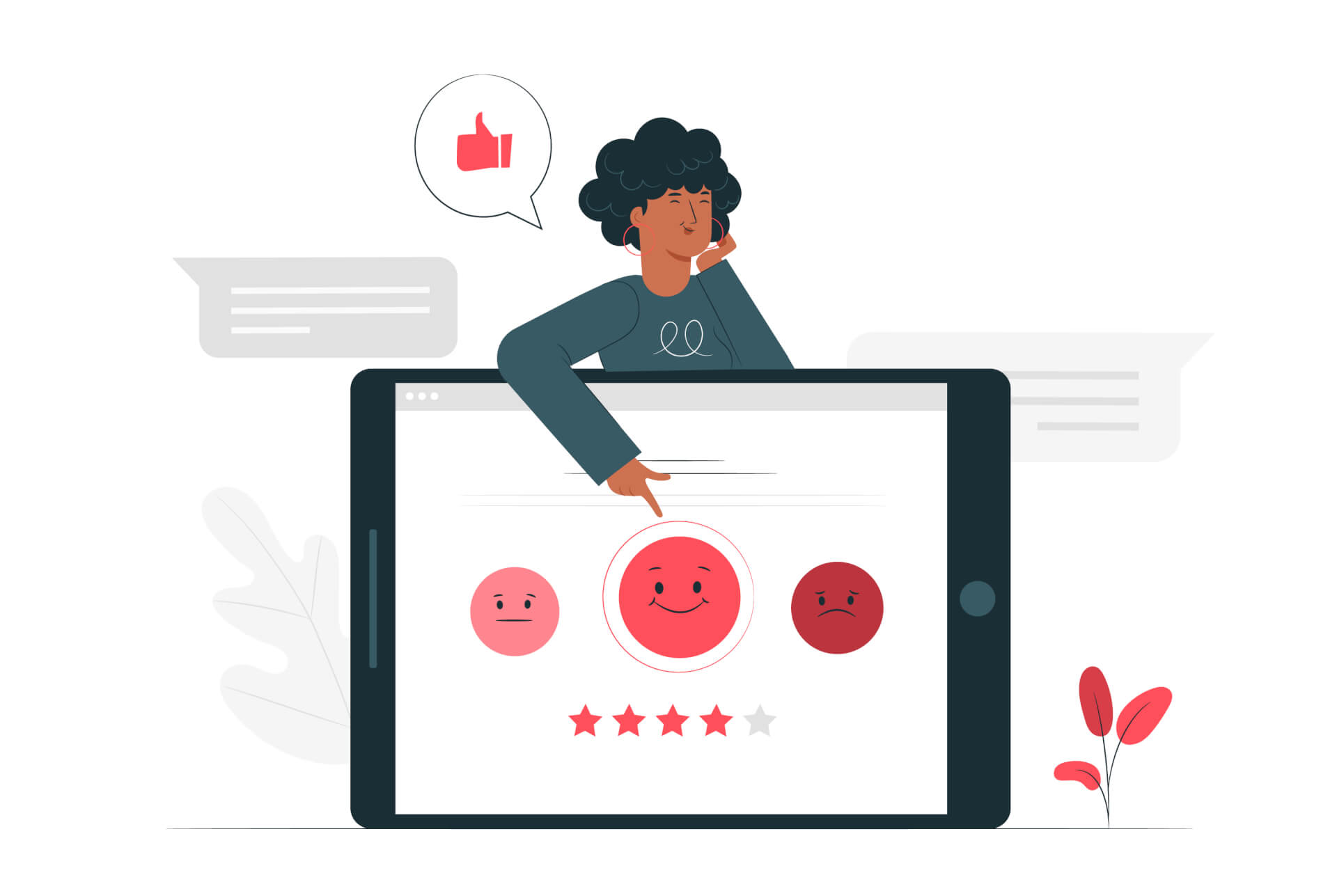Illustration of a woman behnd a giand display, with NPS rating on it, she is happy, smiling and clicking positive feedback.