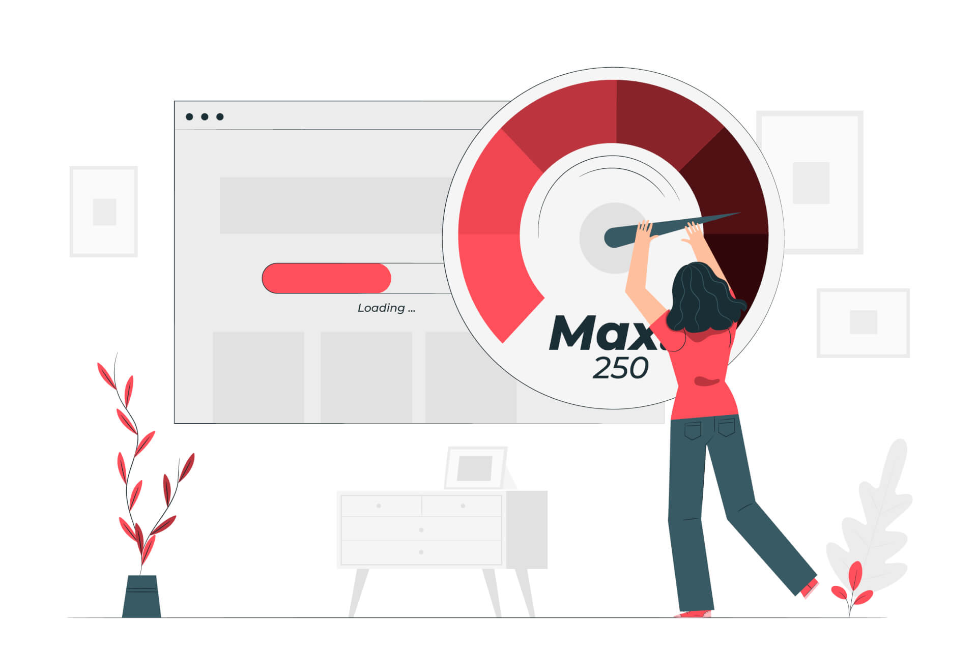 Illustration of a woman standing in front of a giant screen with a loading window open. 