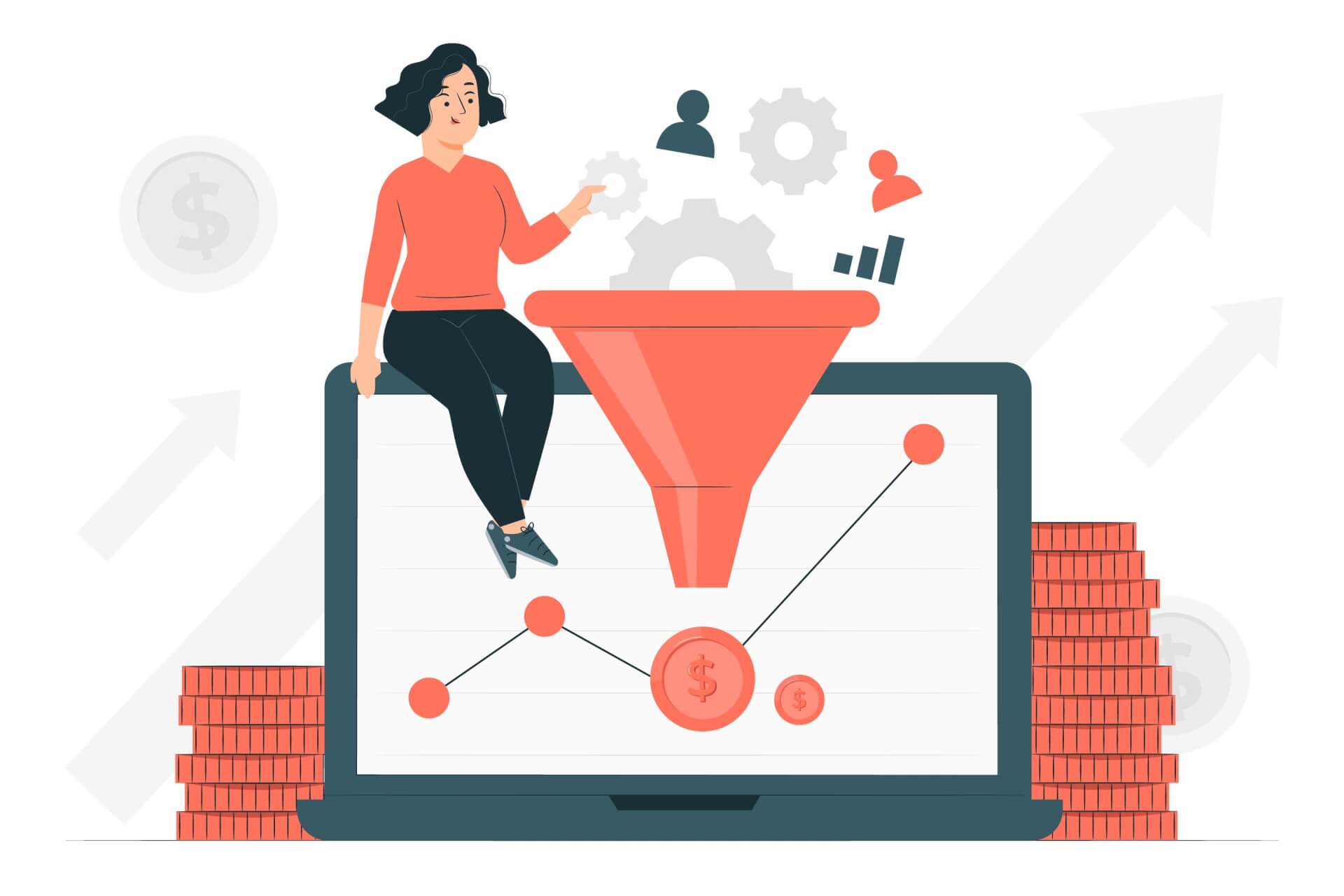 Woman sitting on a giant laptop, a funnel in front of it, the woman filling i up with symbols for users, settings and more. 
