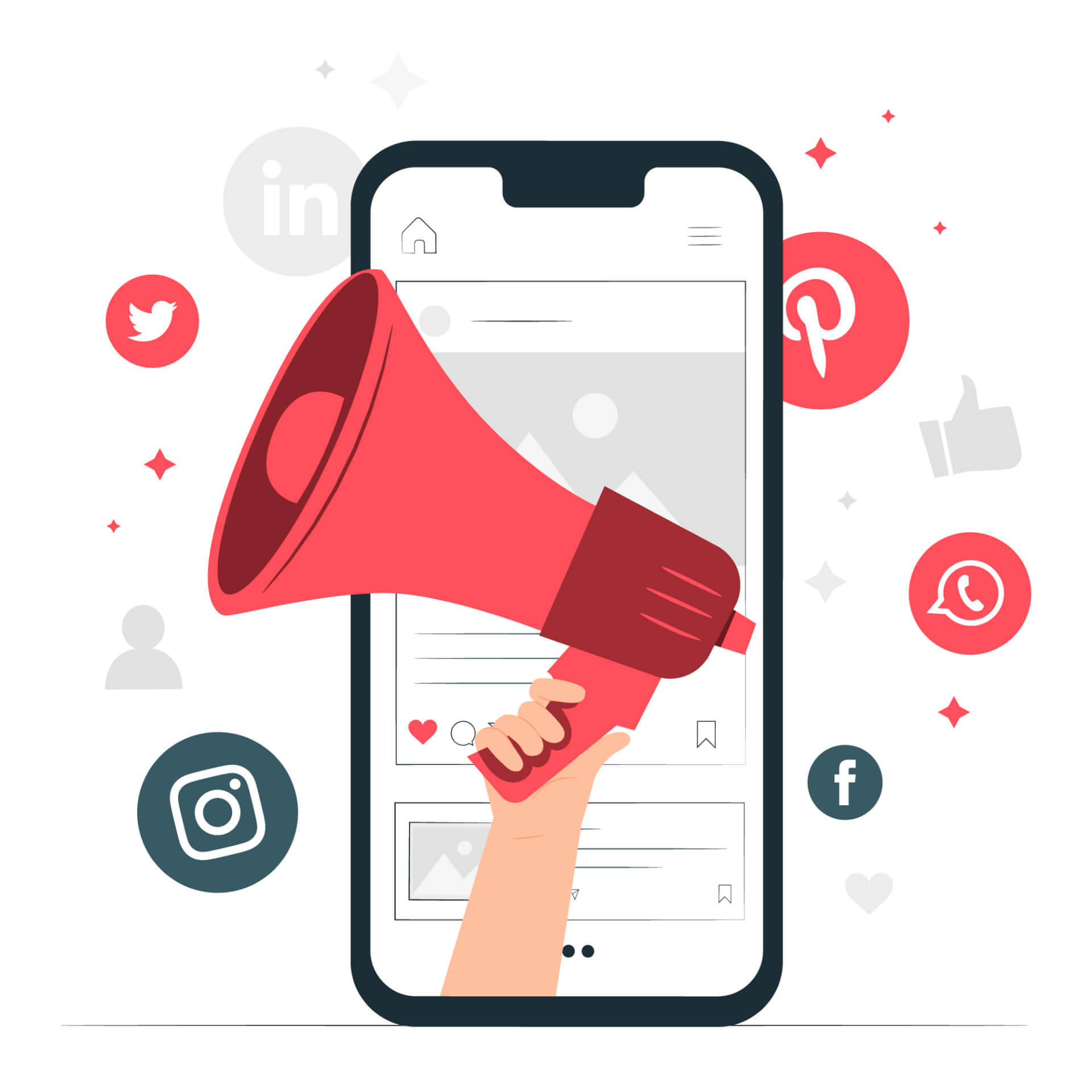 Illustration of a hand holding a megaphone, surrounded by social media symbols.