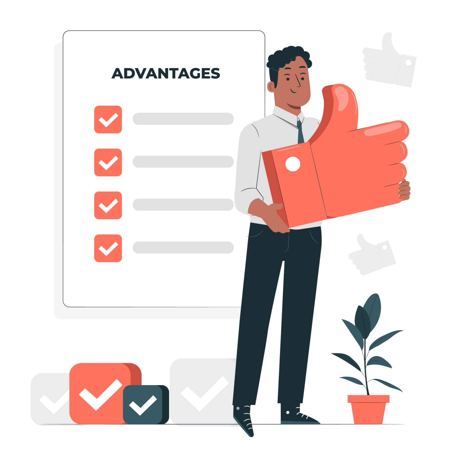 a man hlding a giant thumbs-up, with a checklist of advantages behind him.