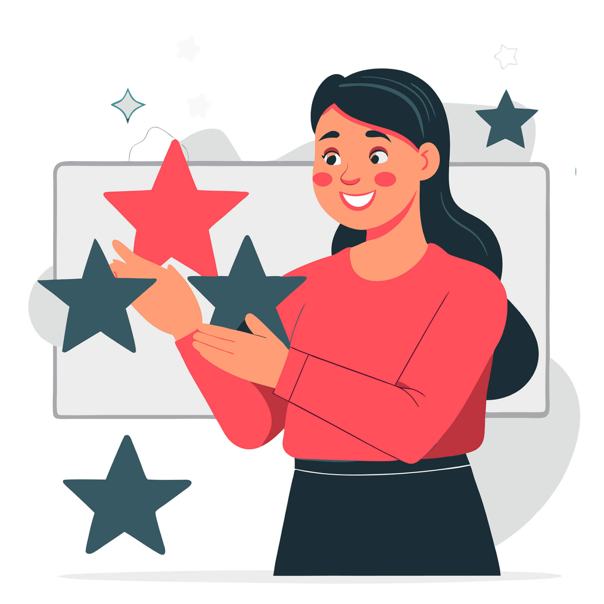 Illustration of a woman counting stars that are floating around her.