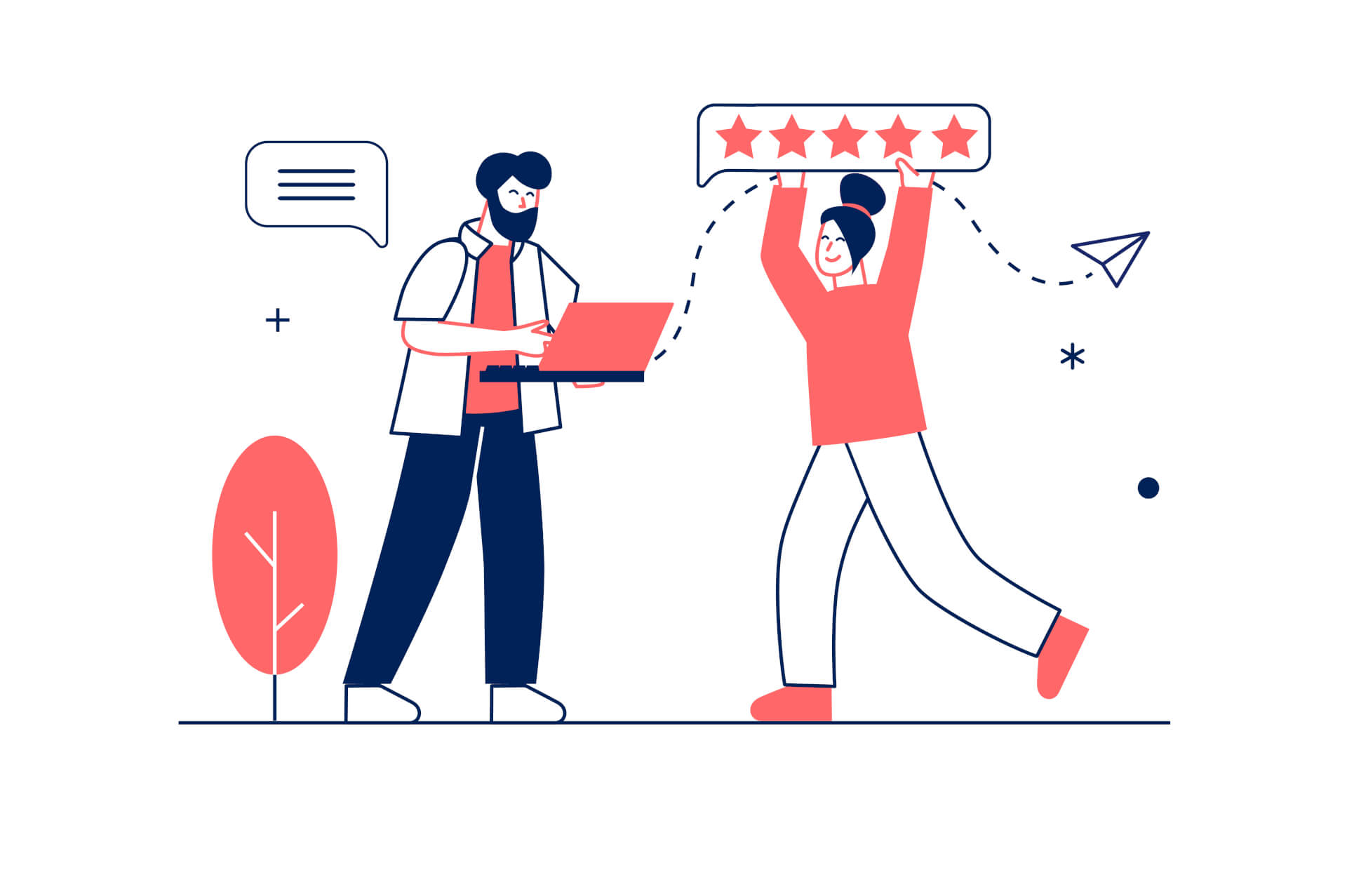 Illustration oaf a man holding a laptop and a woman walking towards him, holding a 5-star rating bar over her head.