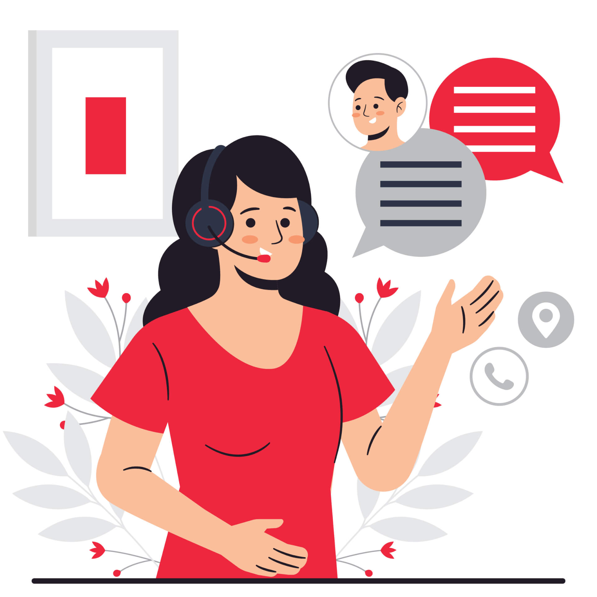 Illustration of a woman sitting on a desk, wearing a headset, talking, icons of contacts, settings floating around her.