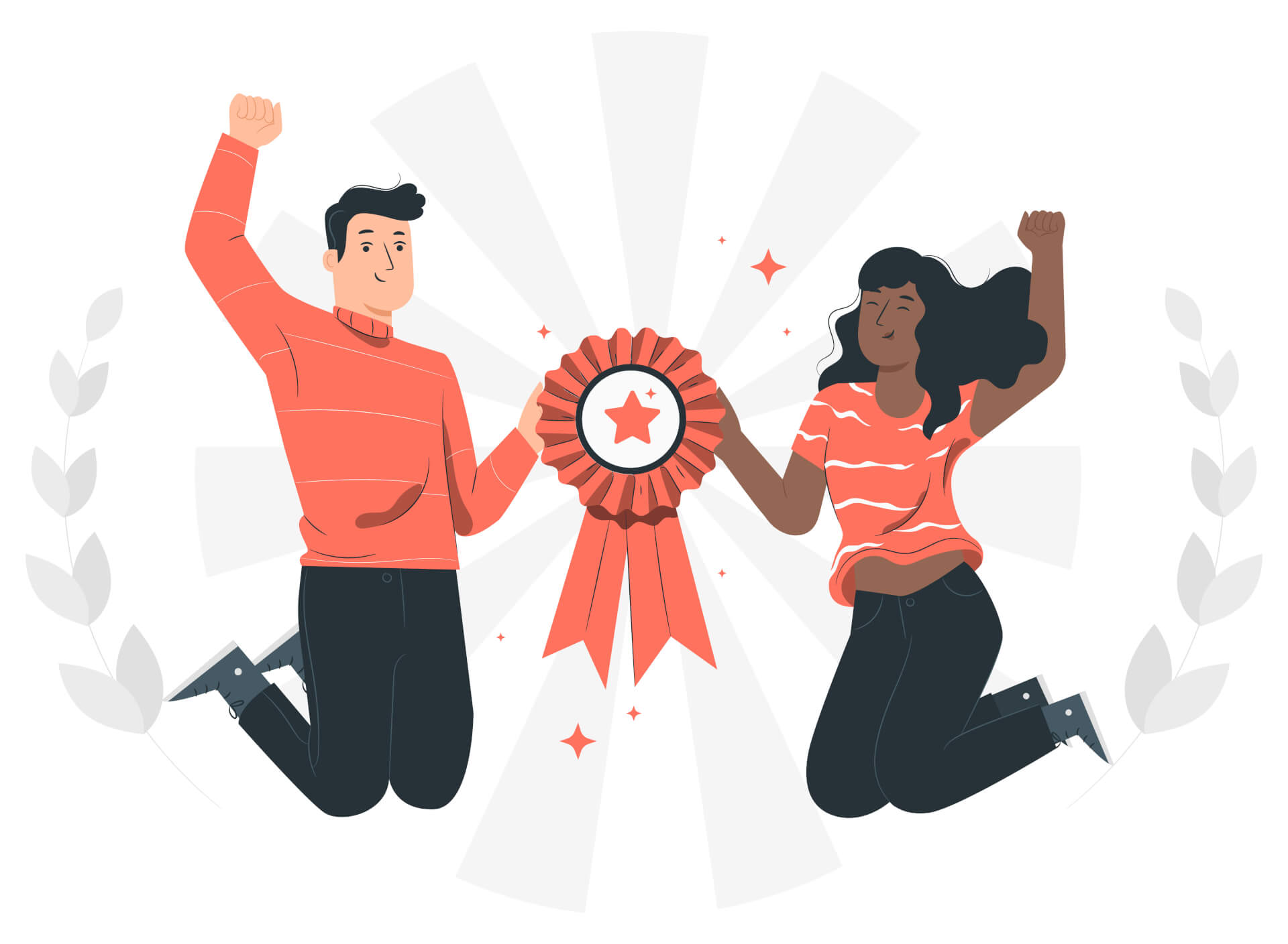 A man and a woman holding a badge, jumping happily in the air.