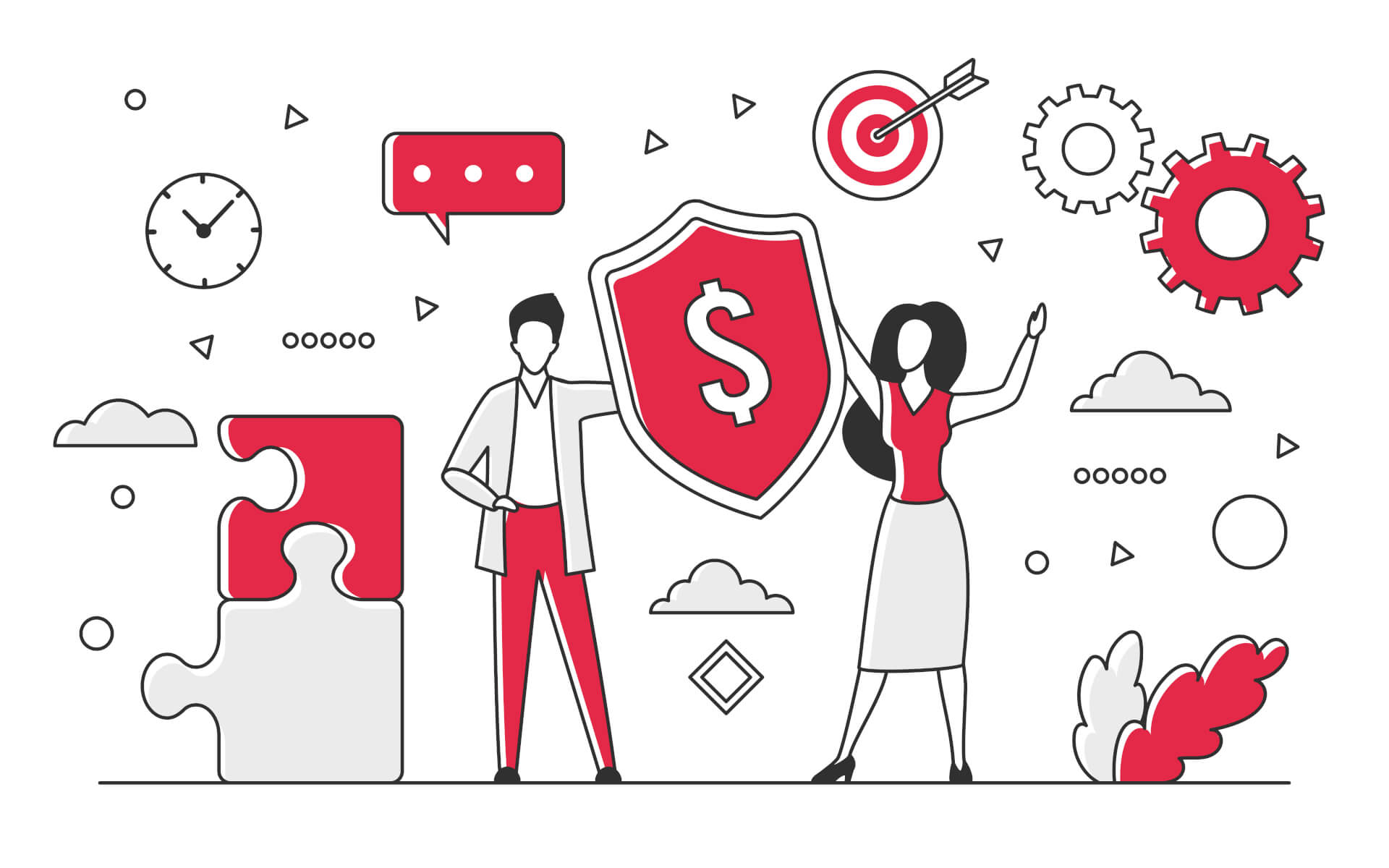 Illustration of a man and a woman surrounded by giant puzzle pieces, targets with arrows, gears, clouds, clocks and in the center a shield with a dollar sign on it.