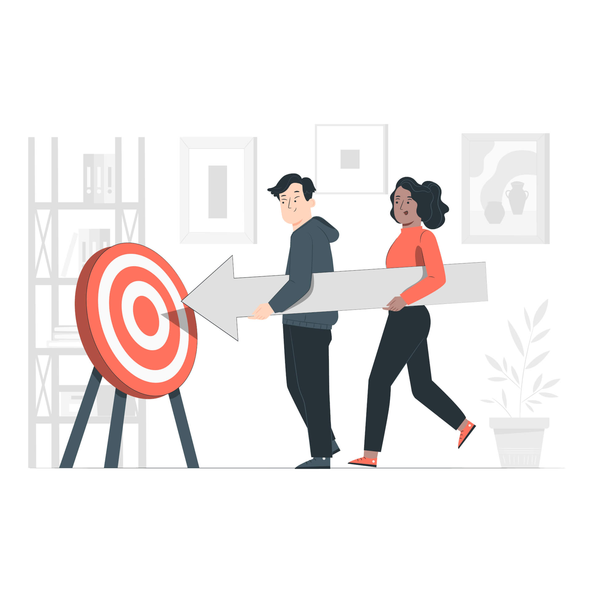 Illustration of a man and a woman, holding a giant arrow, walking towards a giant target.