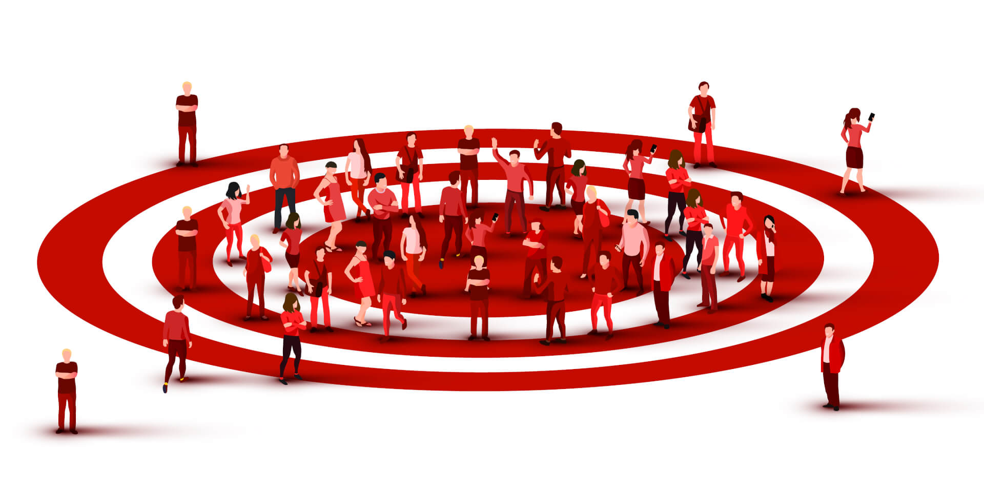 Illustration of a giant target on the floor, a big number pf people standing inside the curcles, some closer to the middle, others more on the side. 