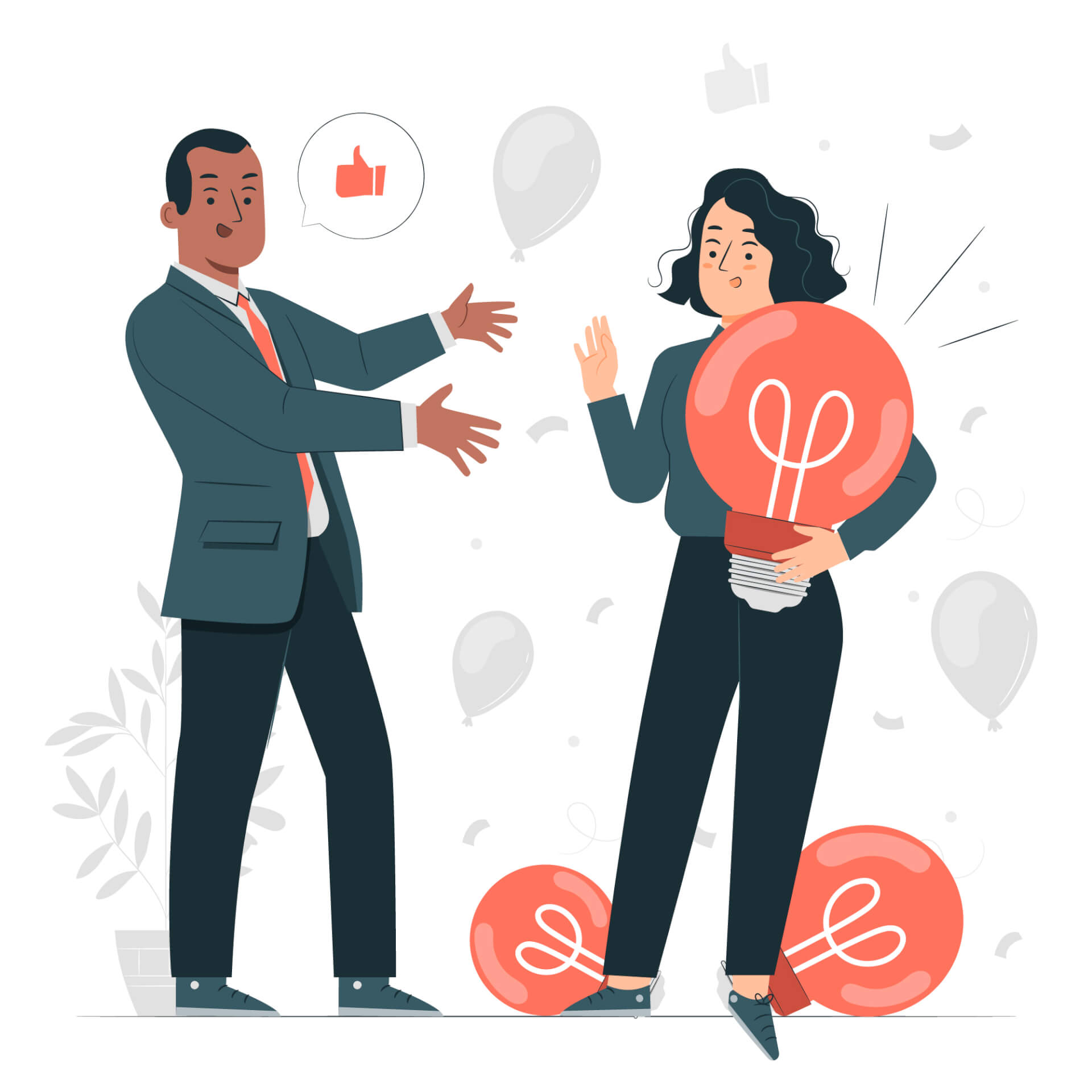 Illustratin of a woman holding a giant light bulb, a man standing next to her, pointing towards the light bulb. 