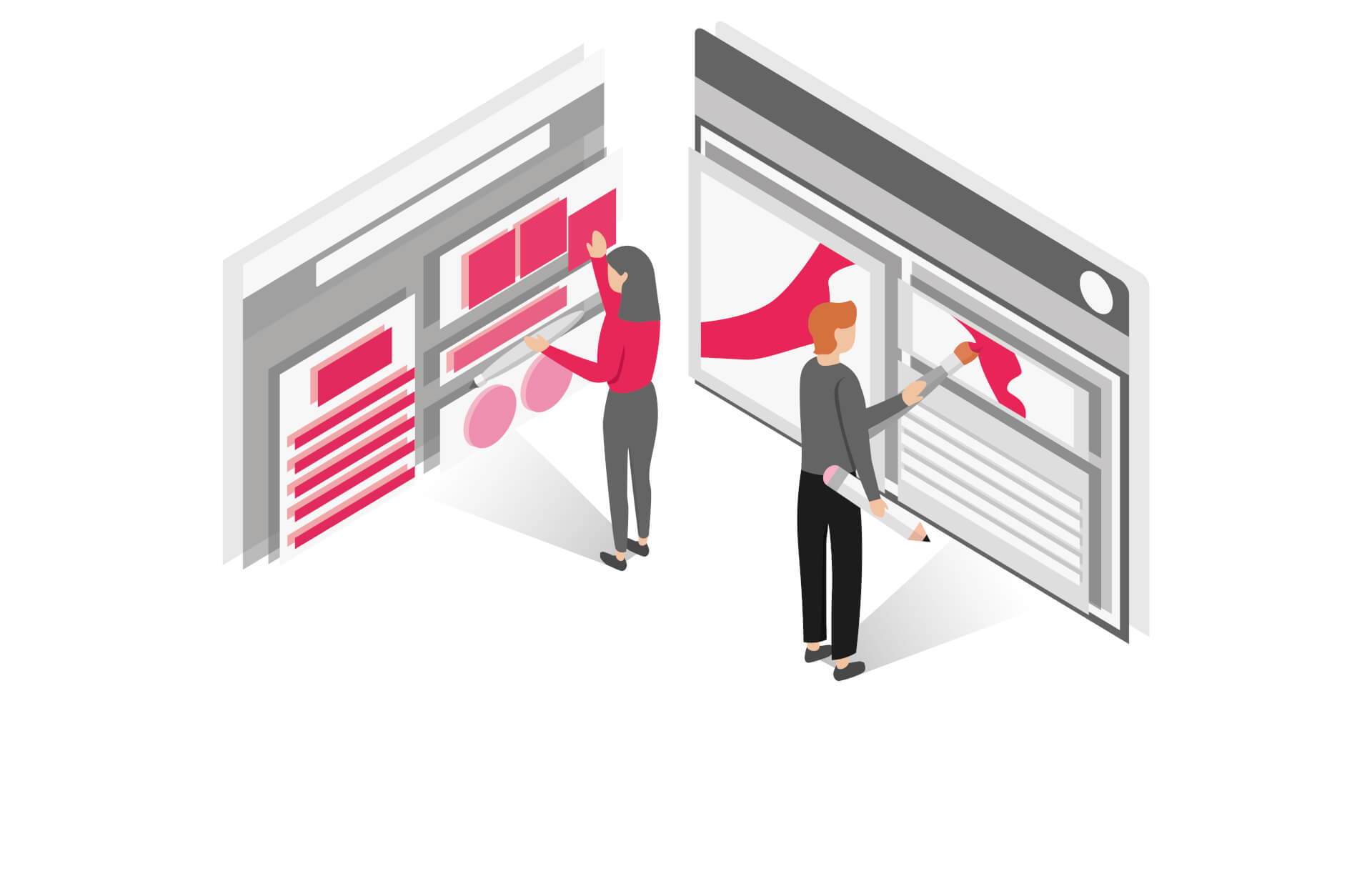 Illustration of a man and a woman working on giant screens, making individual adjustments.