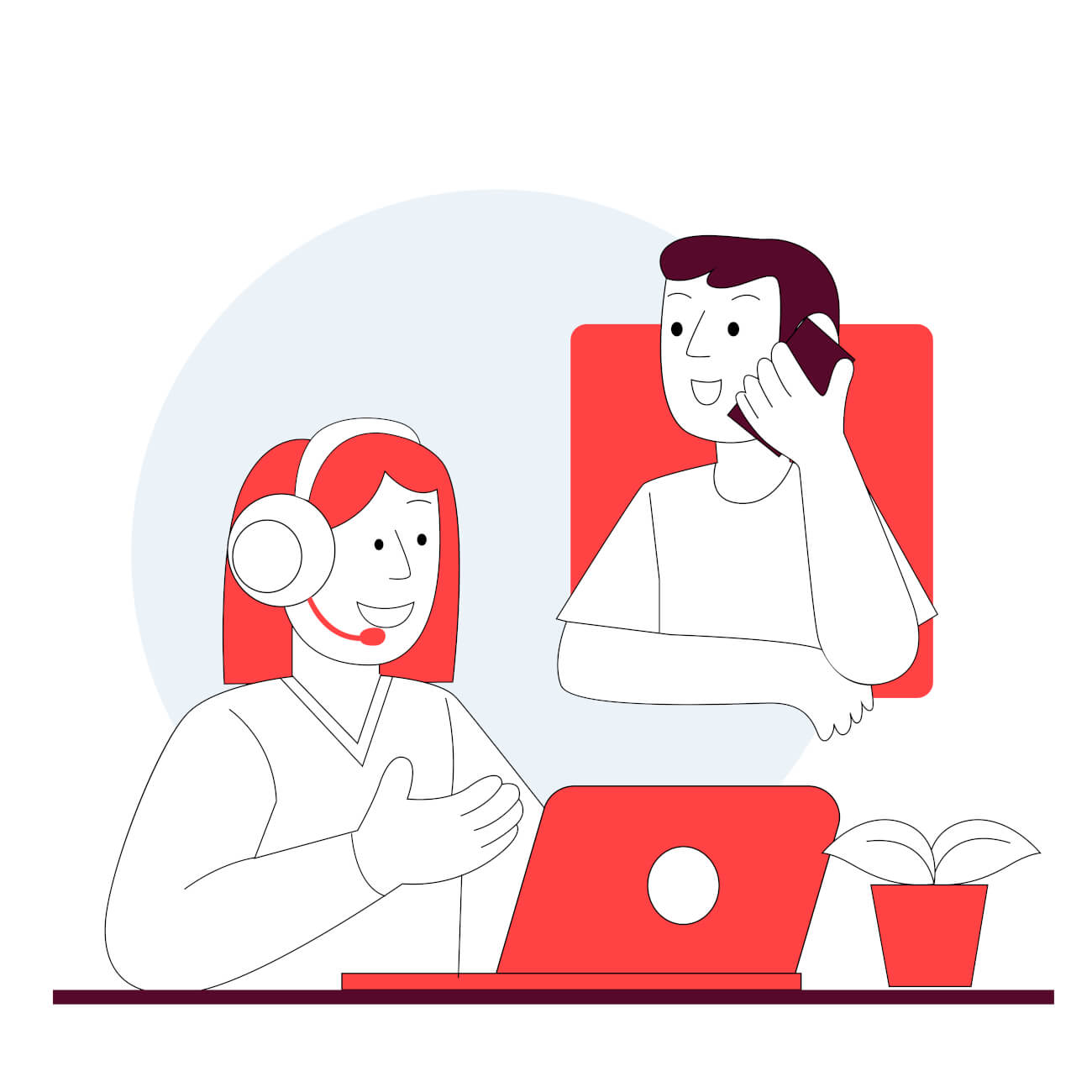 llustration of a woman sitting on her desk, wearing a headset, talking to a clint which apperas in a floating bubble over her head.