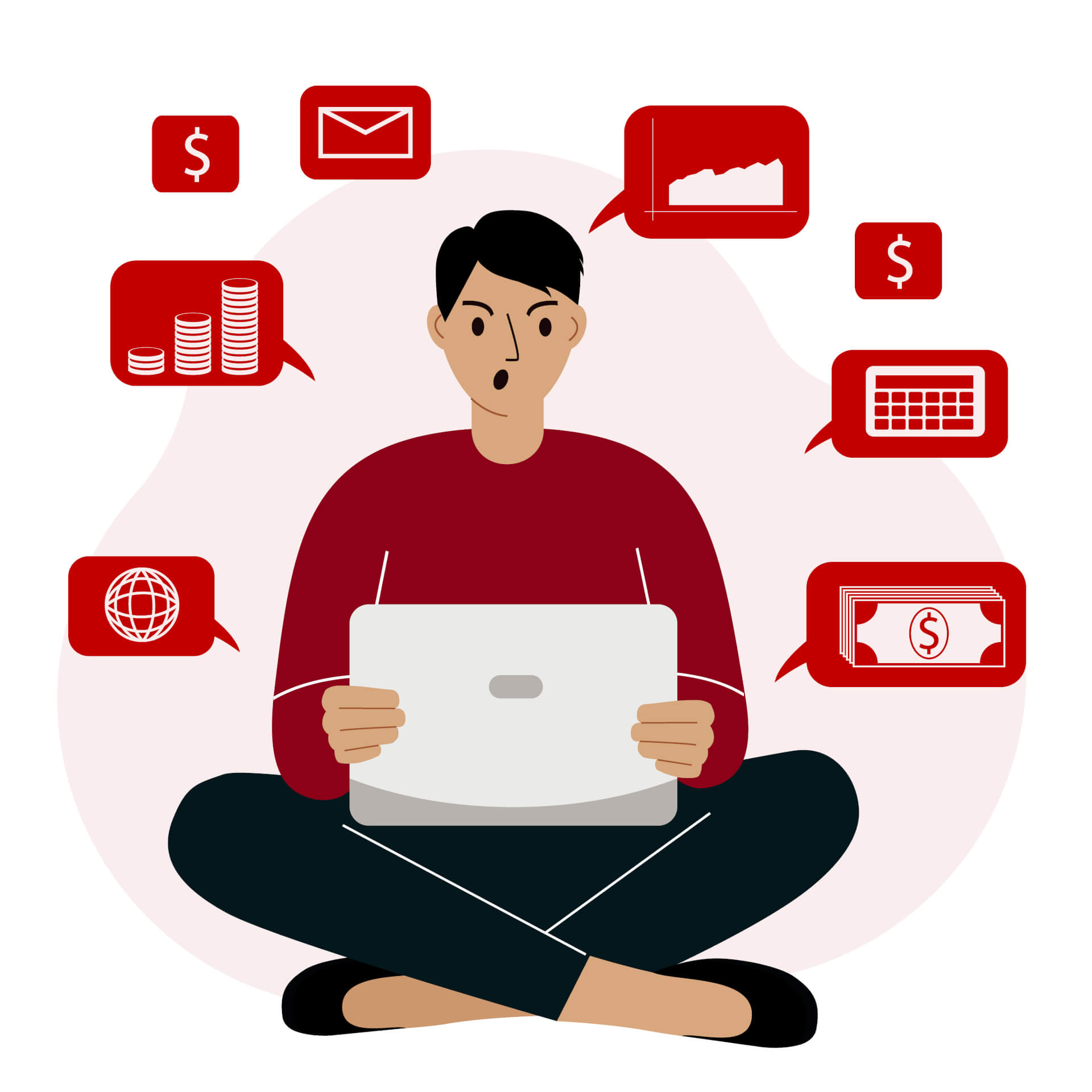 Illustration of a man, sitting on the floor, working on a laptop, wth icons of money, stocks and schedules floating in speech bubbles around him. 