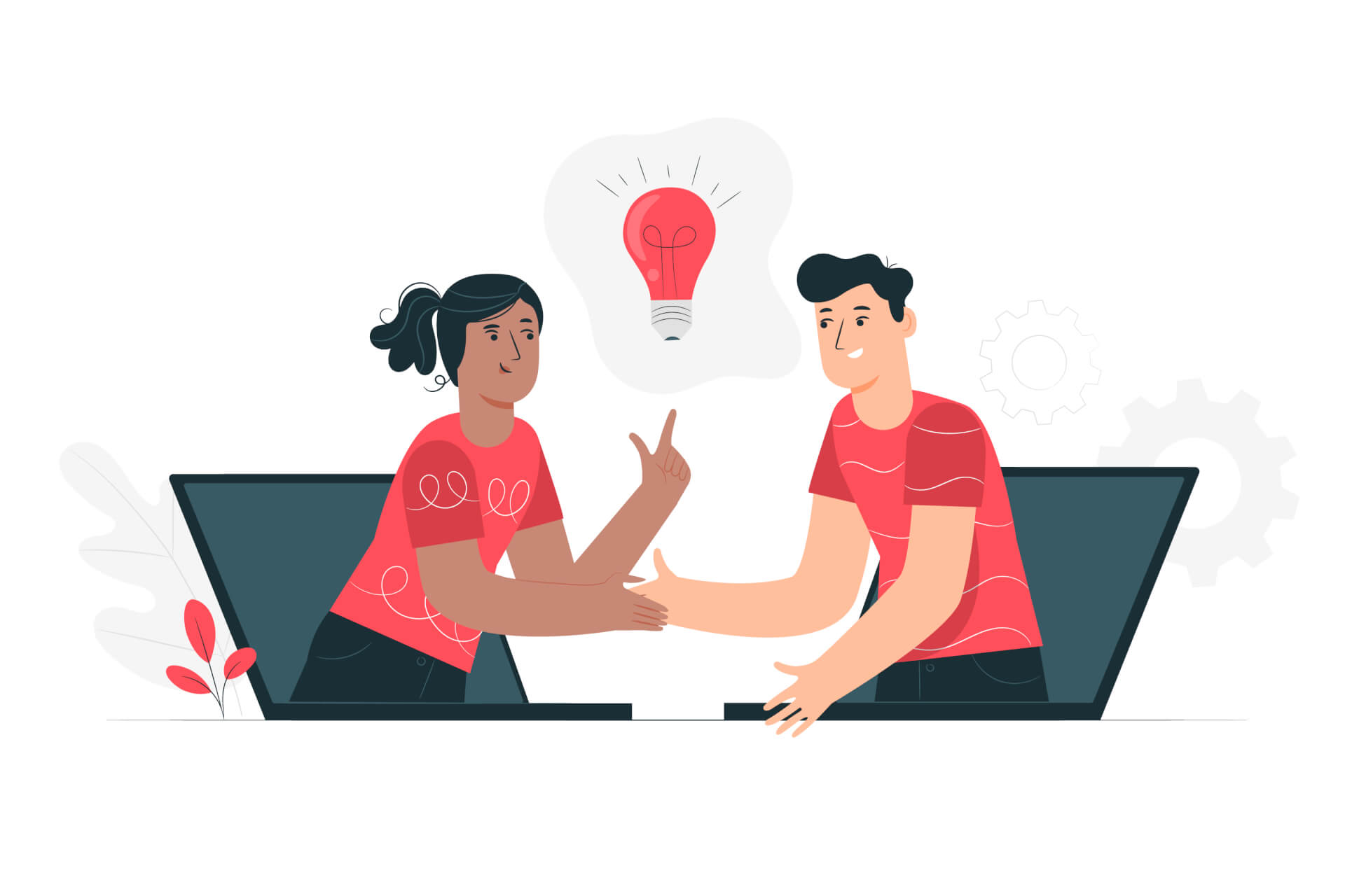 Illustration of a man and a woman sitting towards each other, taking. A light bulb lights up between them.