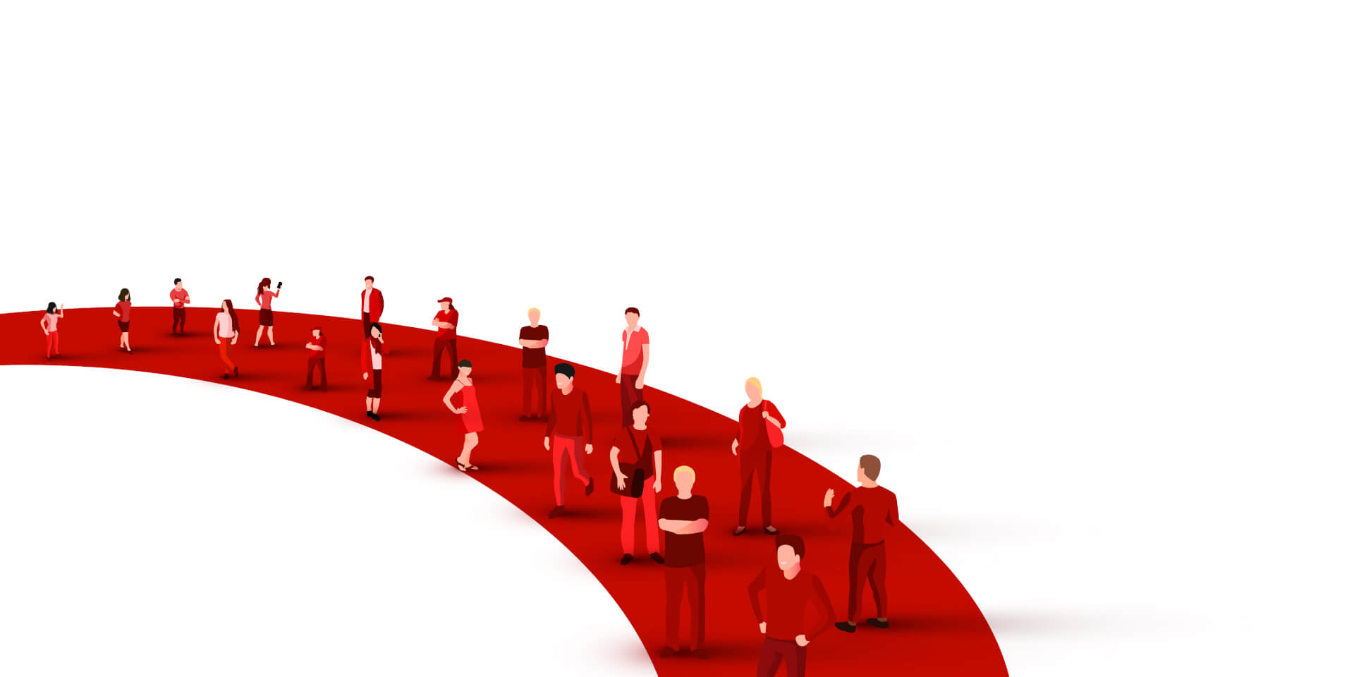 Illustration of a big group of people, all standing within the lines of a red road.