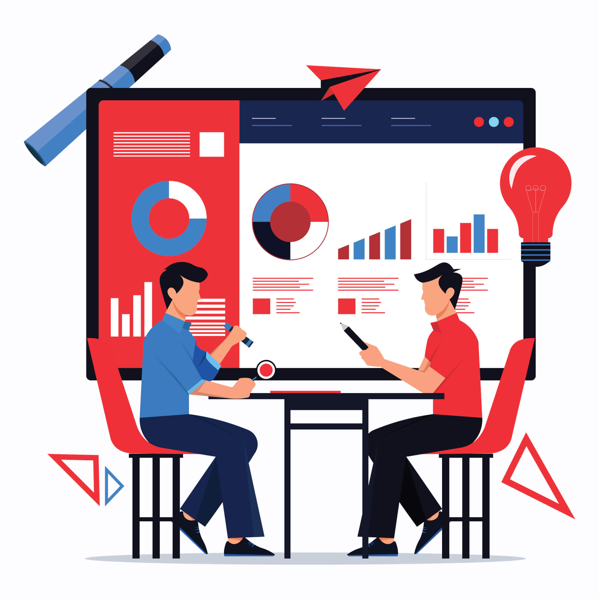 two men sitting on table, working on the integration of data. displays with statistics in the back