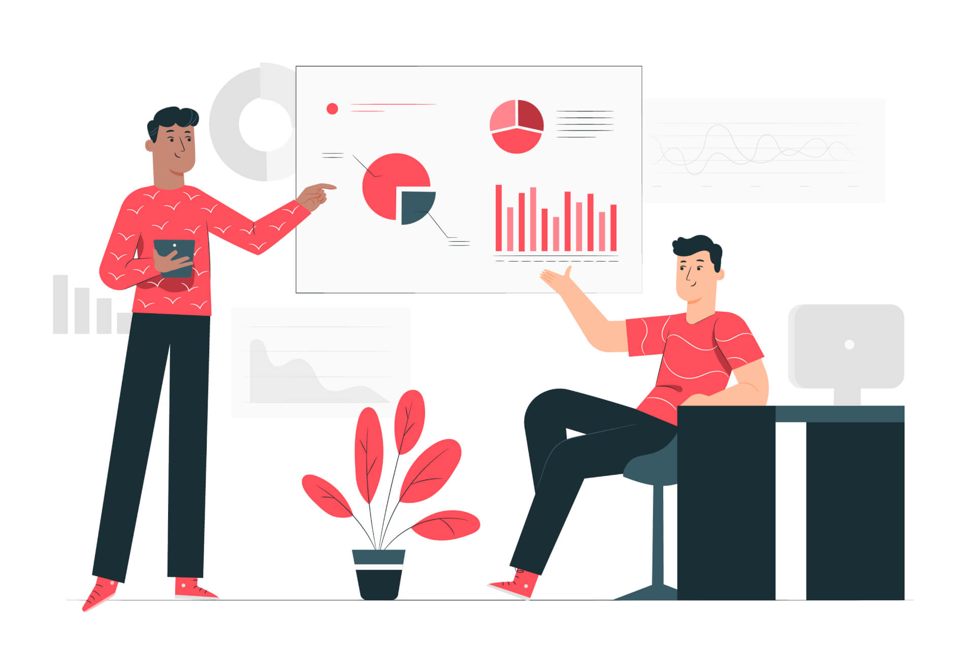Illustration of two men in front of a wall with statistics, both pointing to the information.