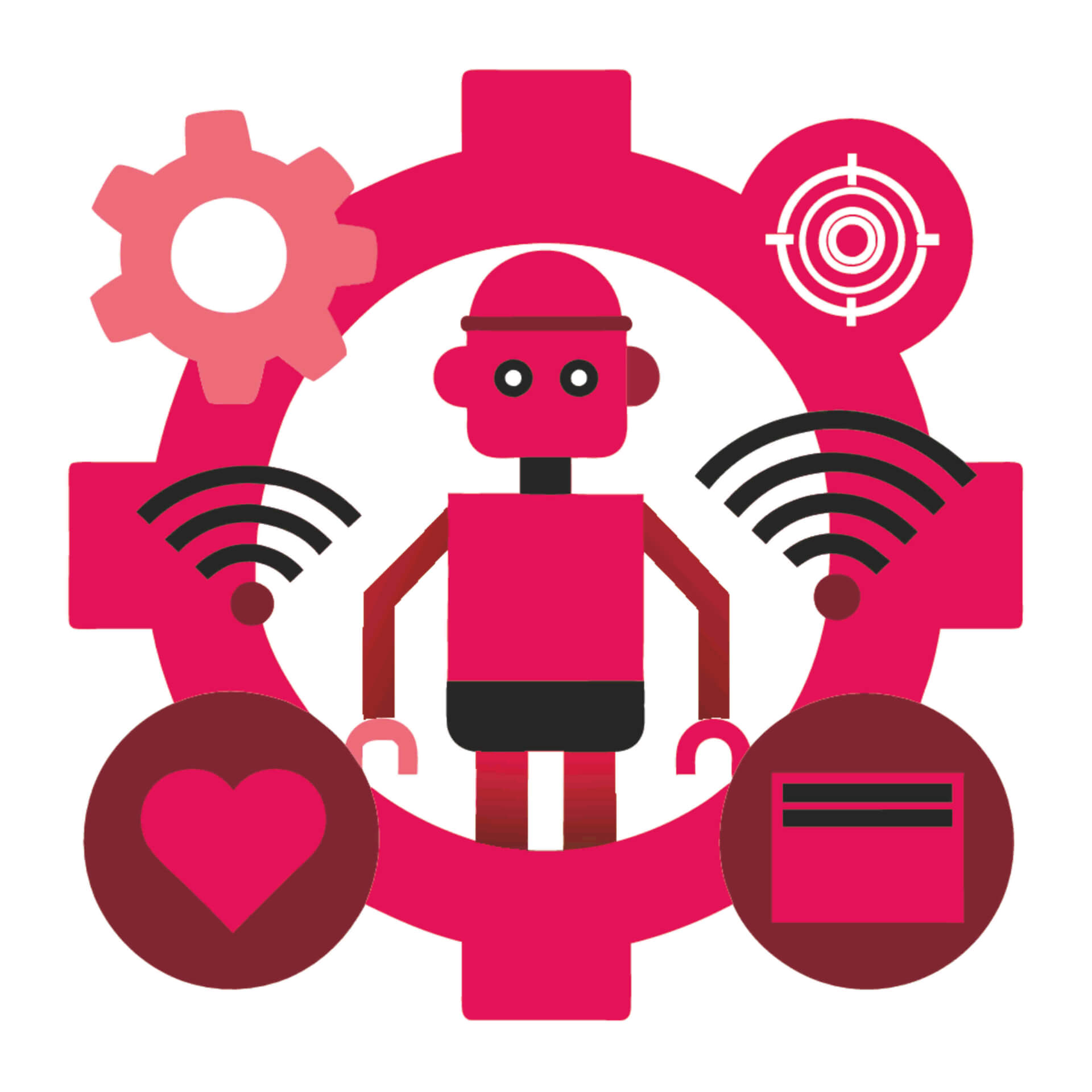 Illustration of a robo, with gears in the background.