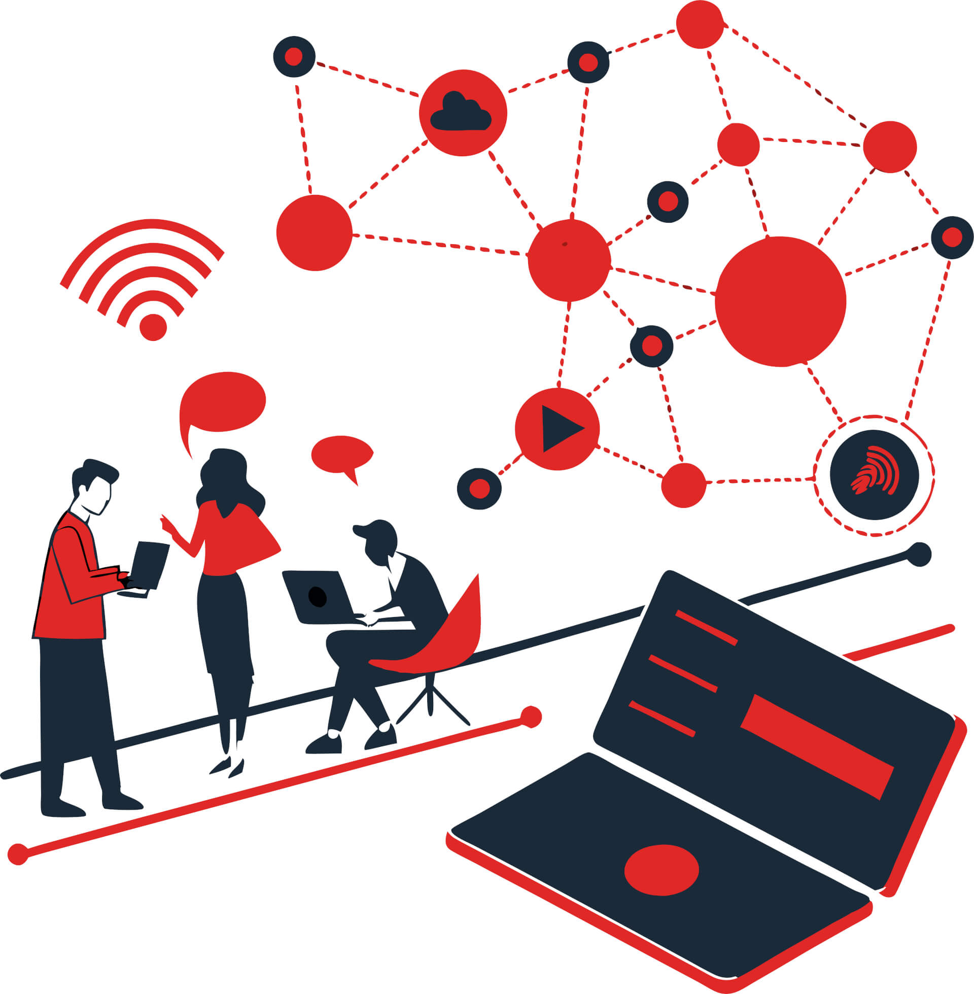 Illustration of a web of data nodes, three persons on the side, siting, working on laptop, or standing and talking.