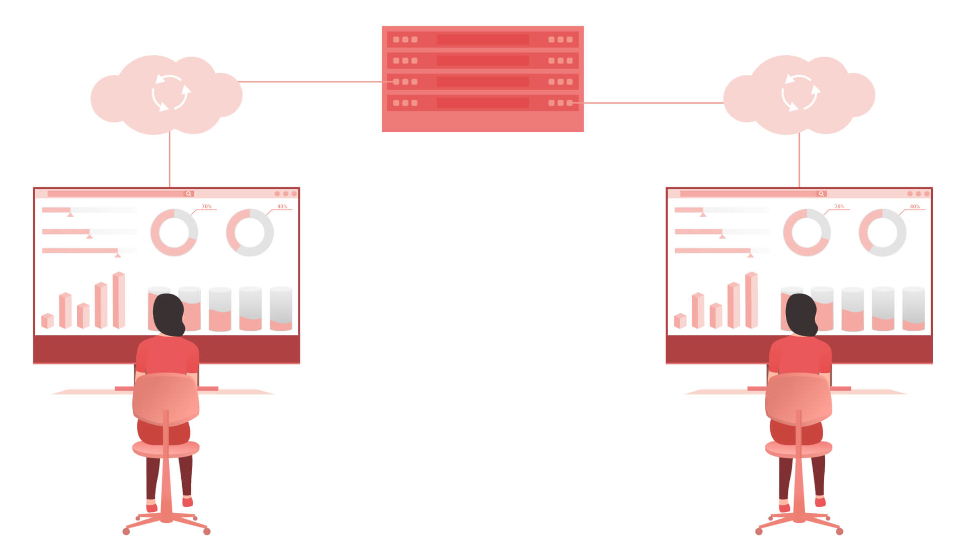 Illustration of two persons sitting in front of a working space with a giant screen displaying statistical information. 