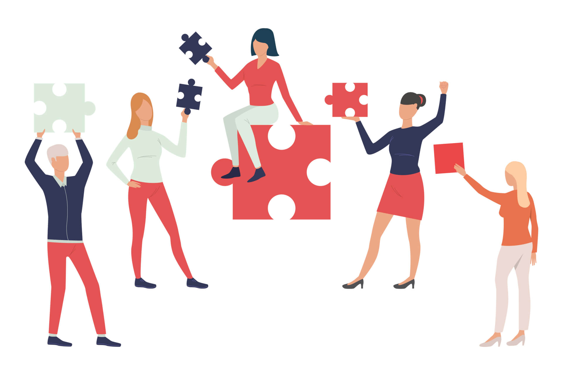 Illustration of a group of people holding puzzle pieces.
