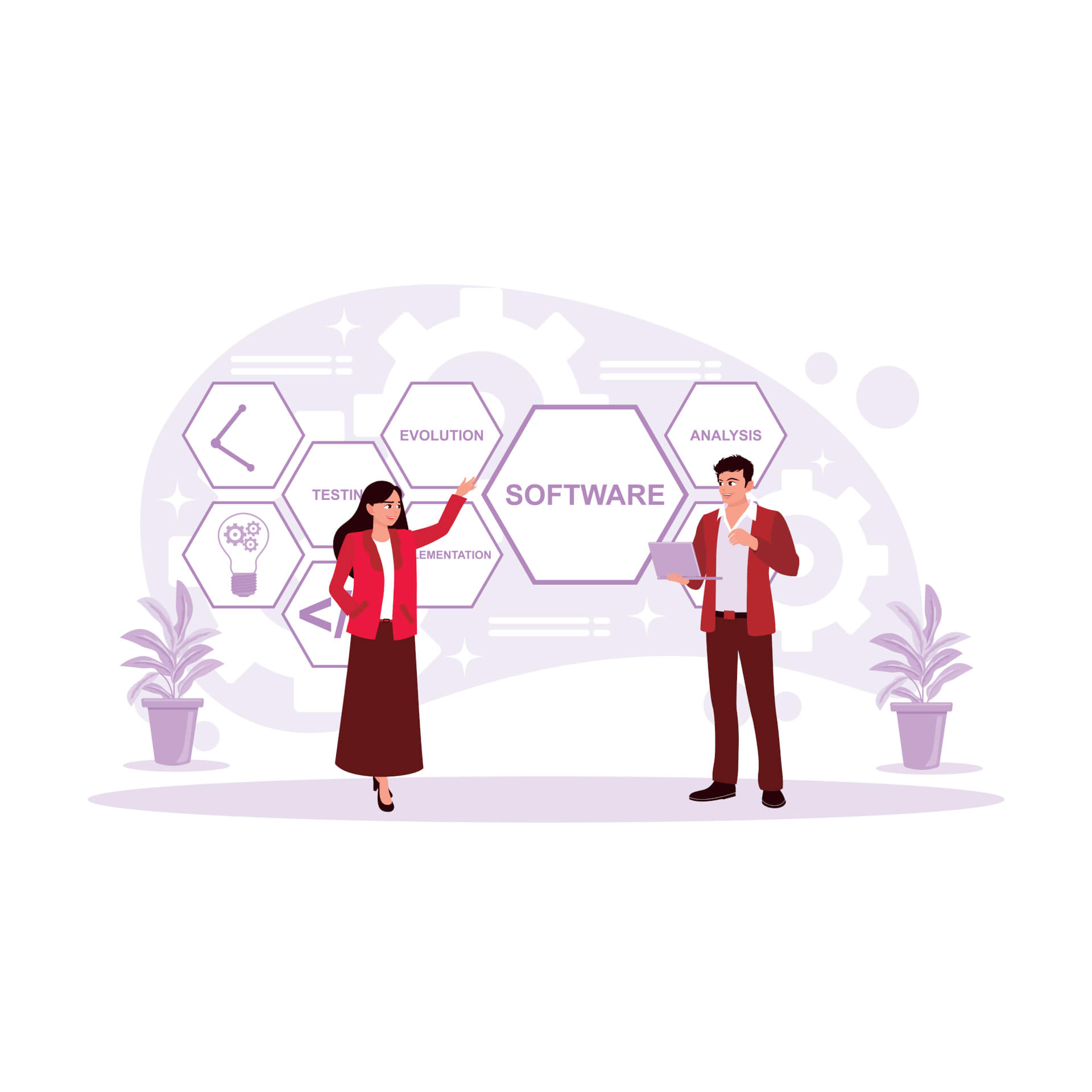 Illustration of a man and a woman standing in front of honeycomb style signs with things like software or symbols on it, talking