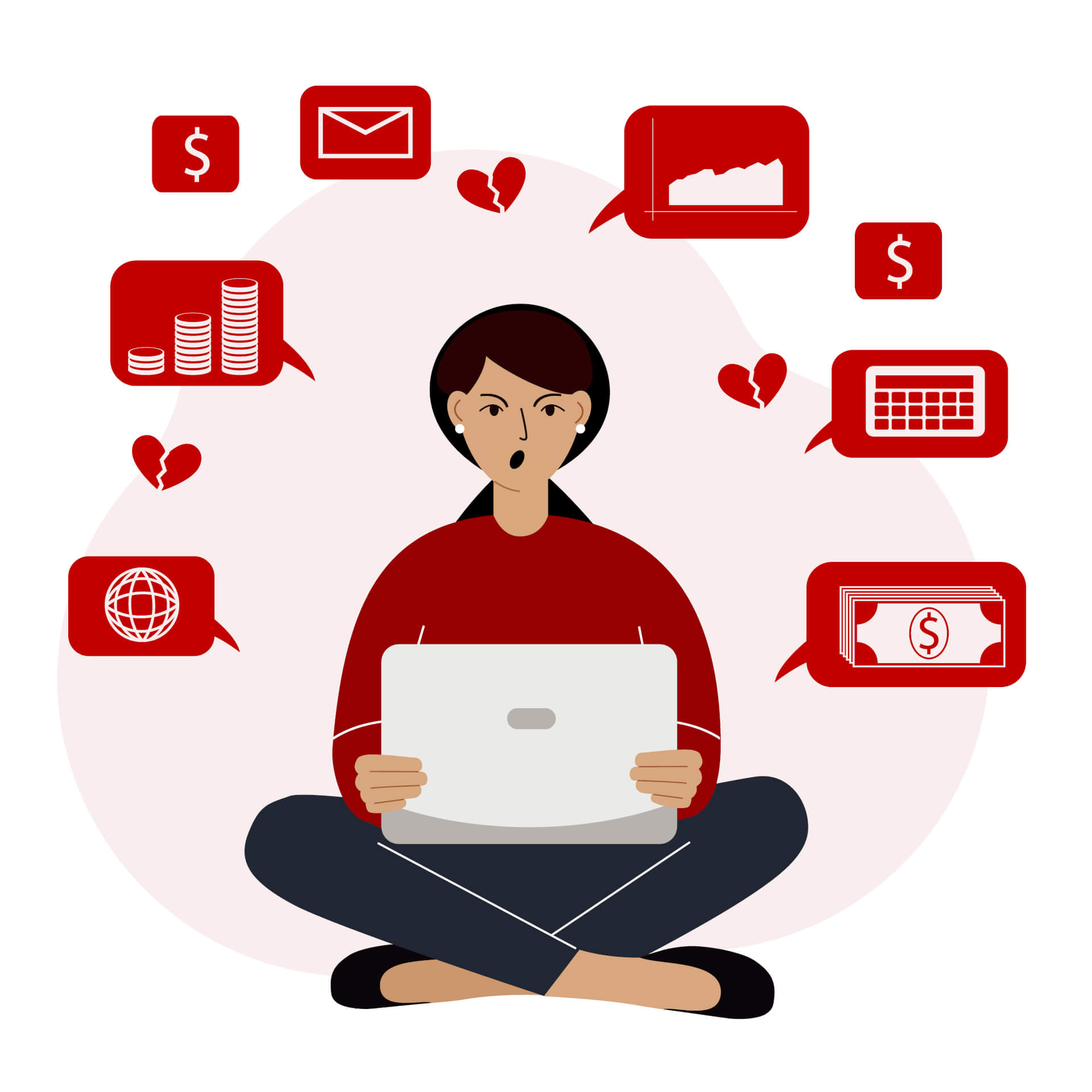 Illustration of a woman being angry, sitting on the floor with her laptop