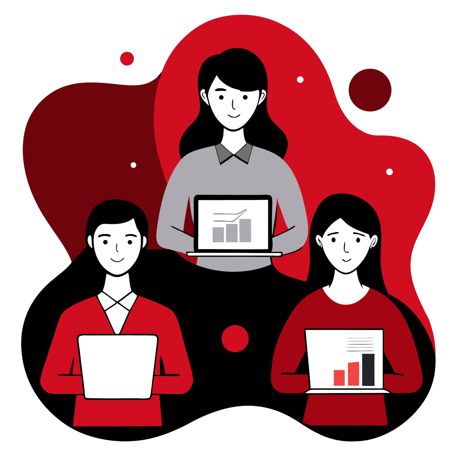 Illustration of three persons, sitting in a triangle, working on the laptops.