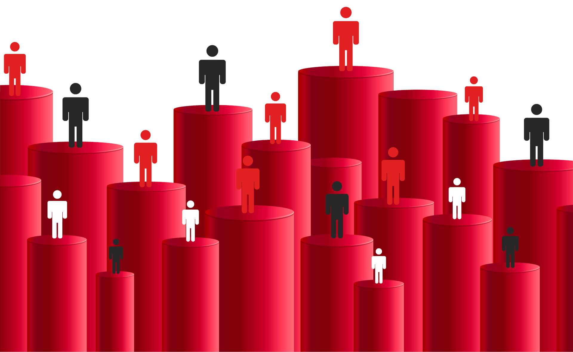 Illustration of a field of red pillars, with stickmen standing on top of some.