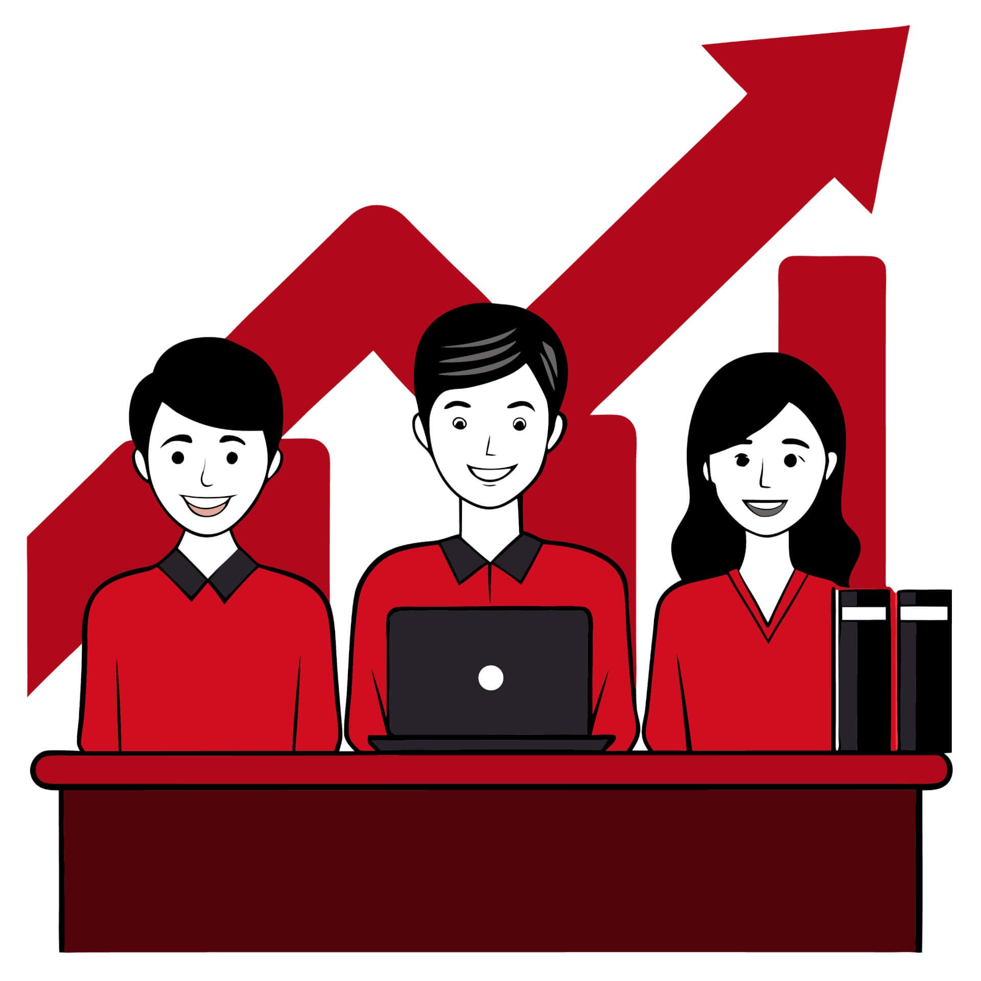 Illustration of three persons in red clothes, a graph with statistics in the background. 