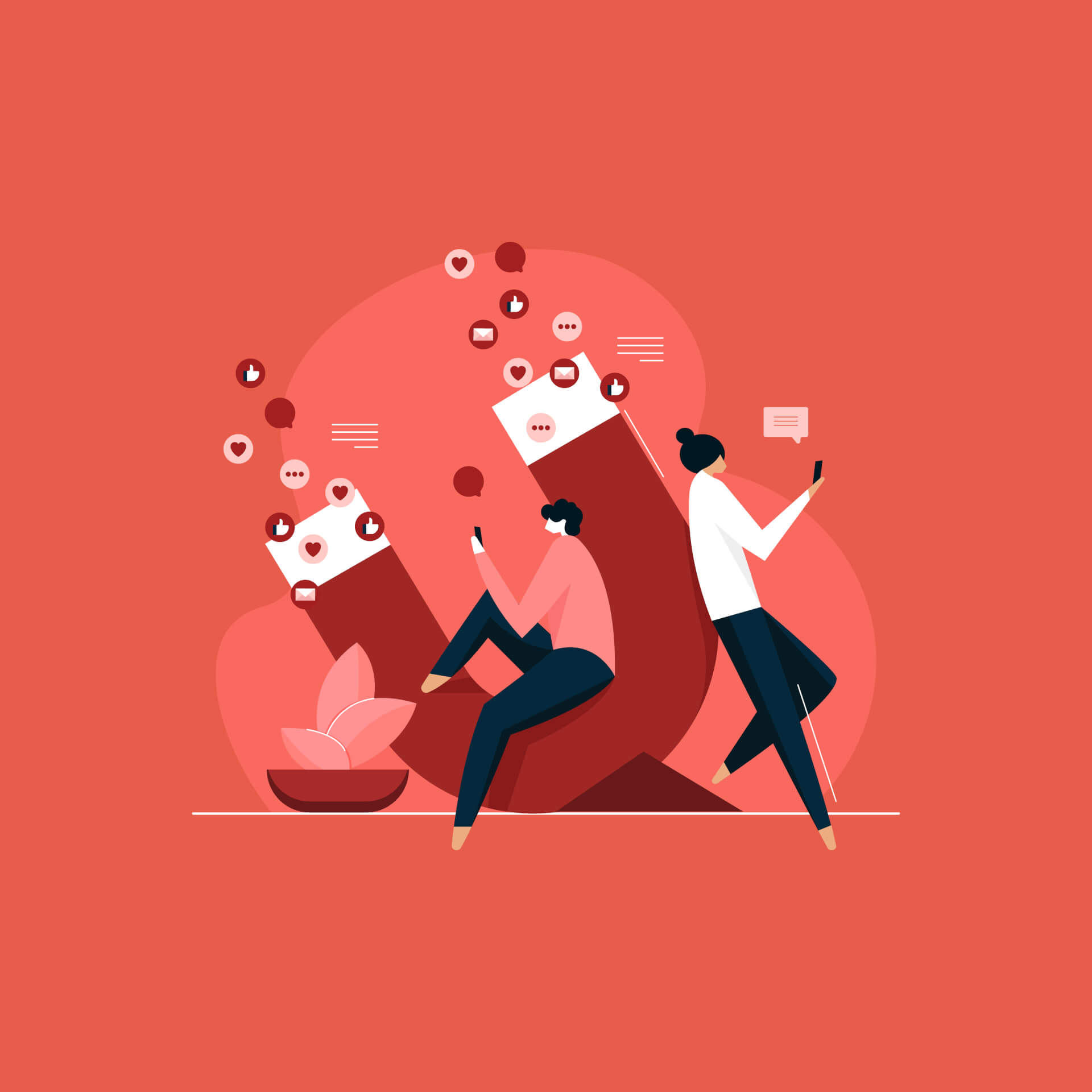 Illustration of a giant magnet, with two persons leaning on it looking at their phones. Social media icons are drawn in by the magnet.