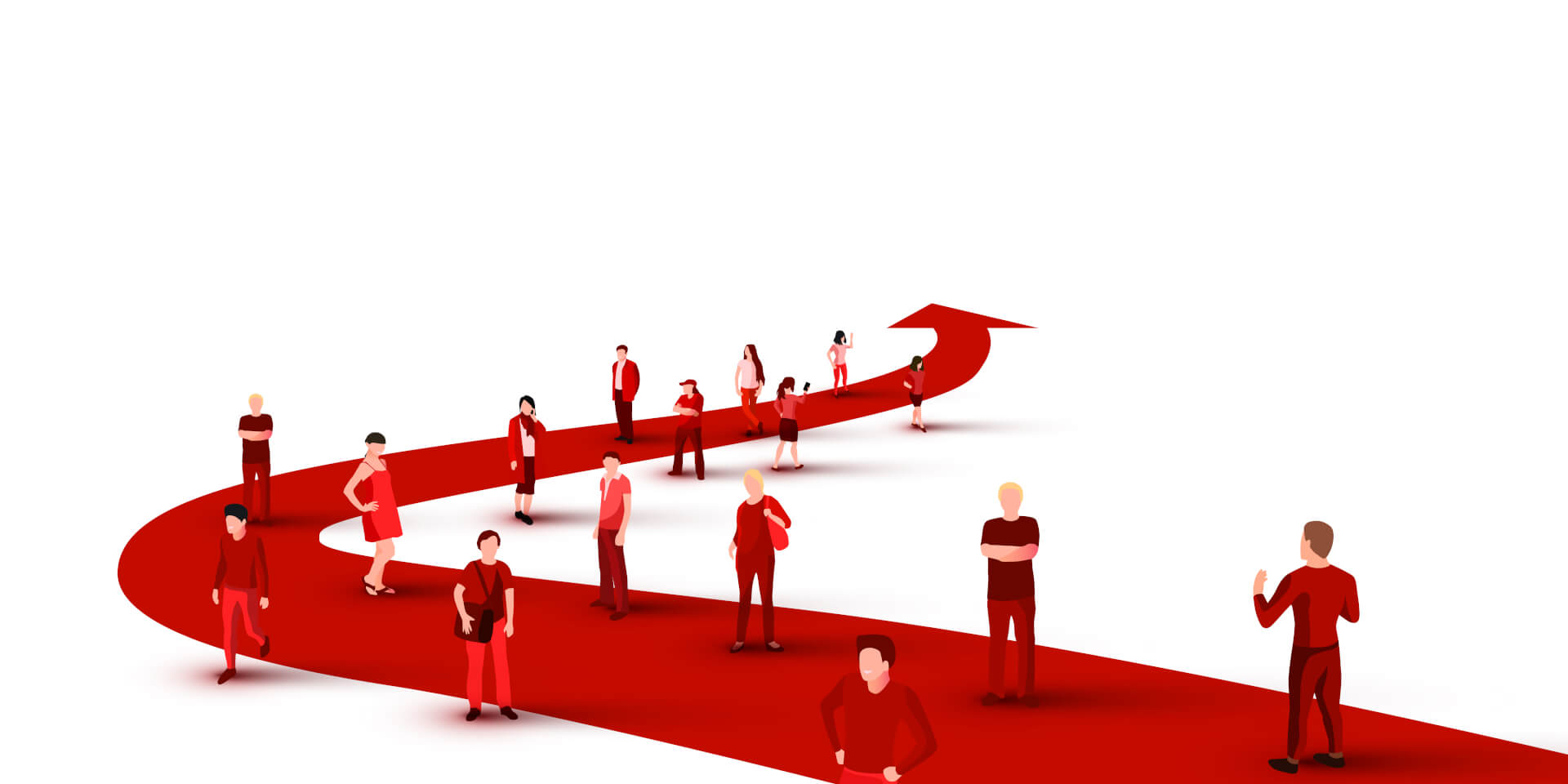 Illustration of a group of people, standing losely on a red arrow road