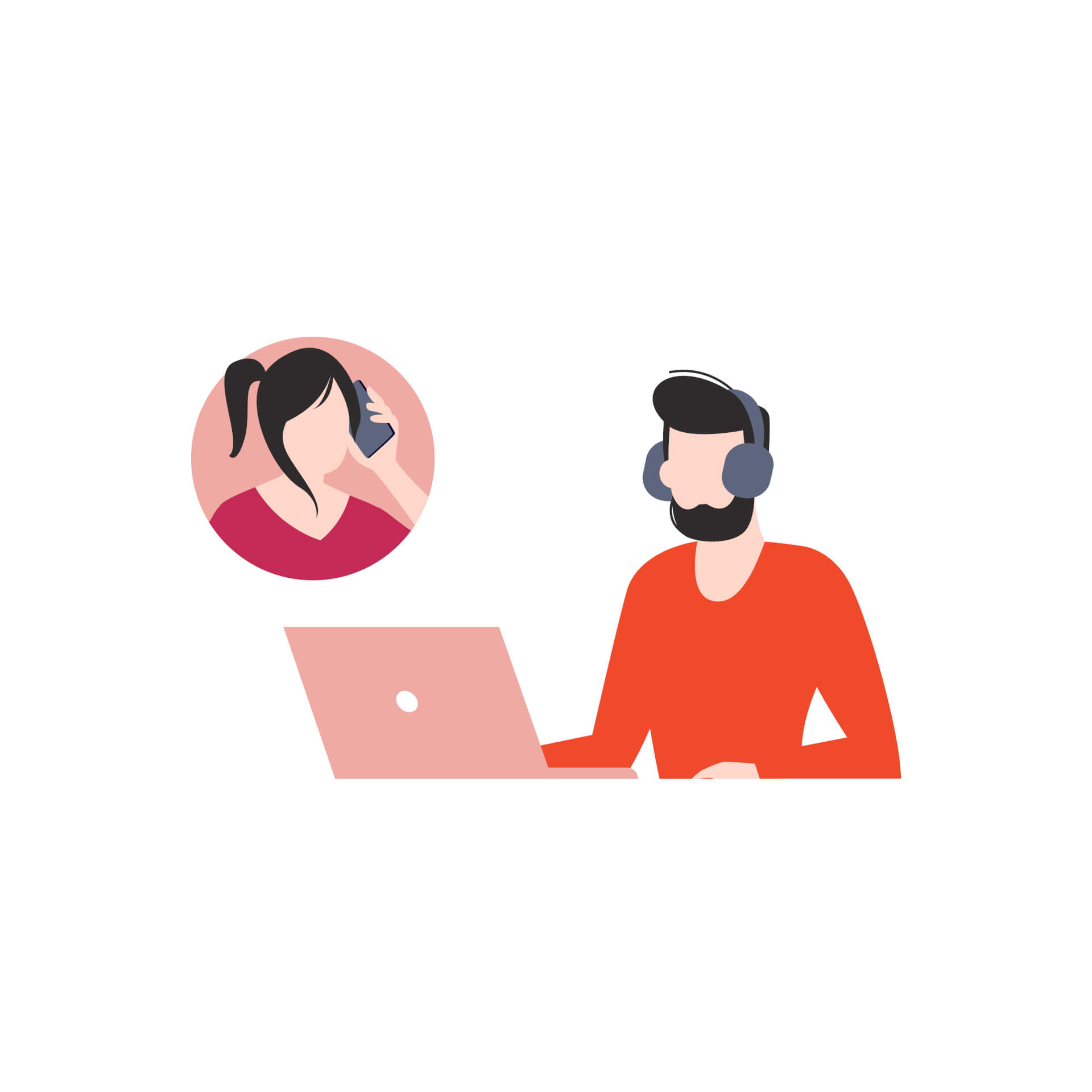 Illustration of a man, wearing a headset, sitting at his desk, in a bubble, a woman, talking to him on the phone. 