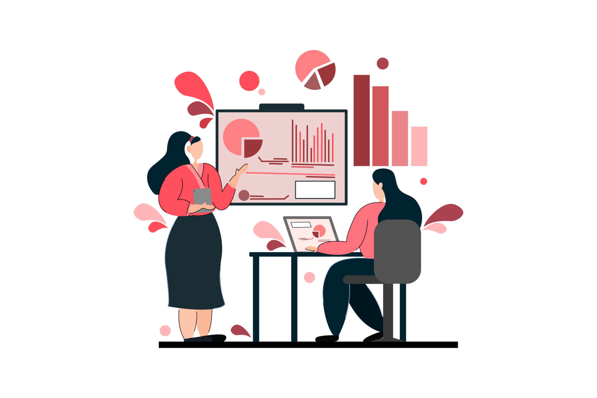 Illustration of a woman sitting on her desk, another woman standing on front of it, both looking at a giant screen with statistics on the wall.