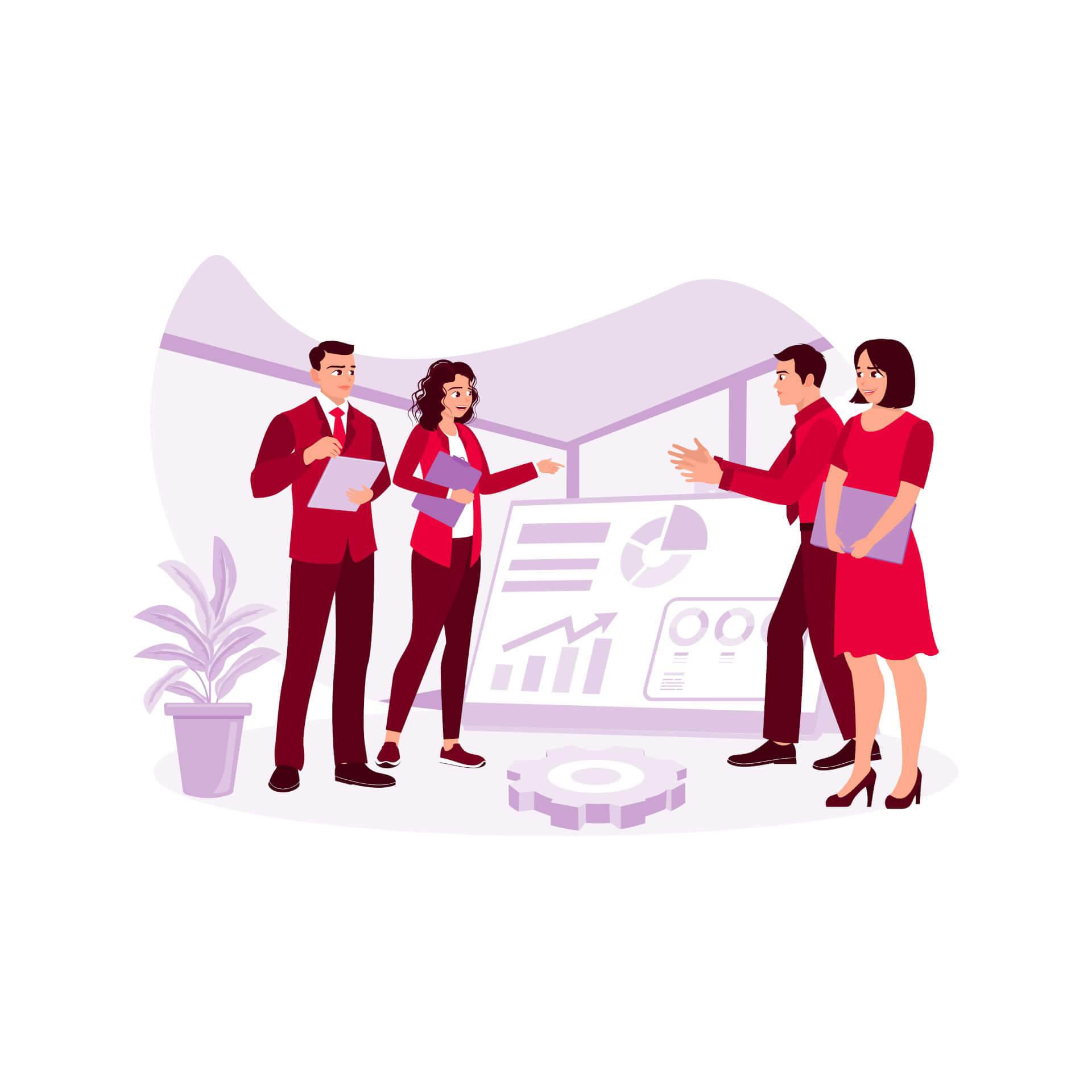 Illustration of 2 groups of business people, holding documents, talking.