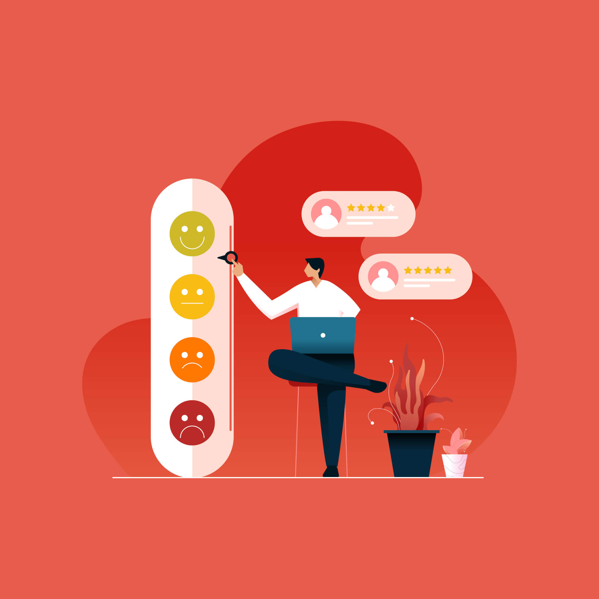 Illustration of a man sitting on a chair, his laptop in the lap, next to him, a satisfaction graph with four smileys, from very happy to very unhappy.