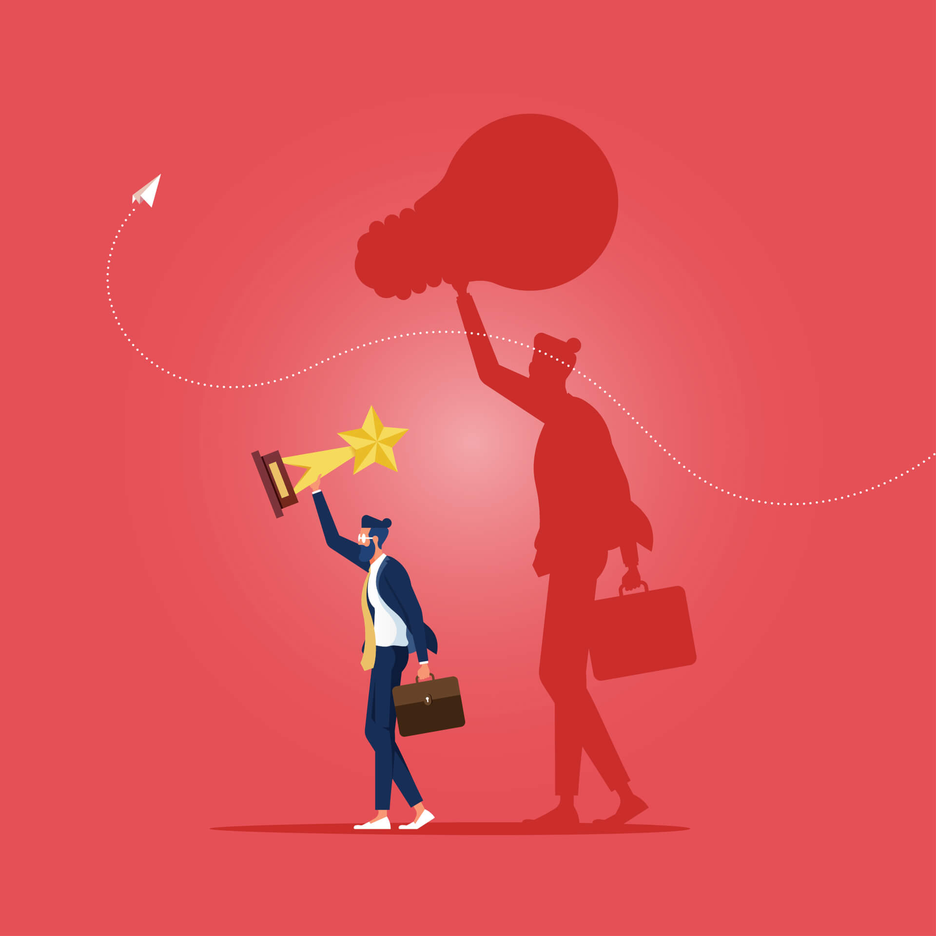 Illustration of a man, holding a trophy. A big shadow casts on the red background,t he shadow of the man looks like he is holding a giant light bulb. 