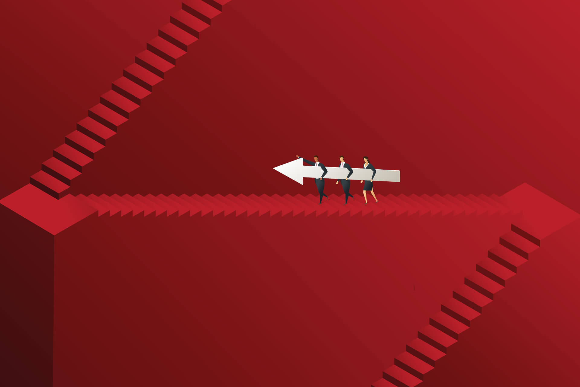 Illustration of a group of people holdign a giant arrow, walking up stairs.