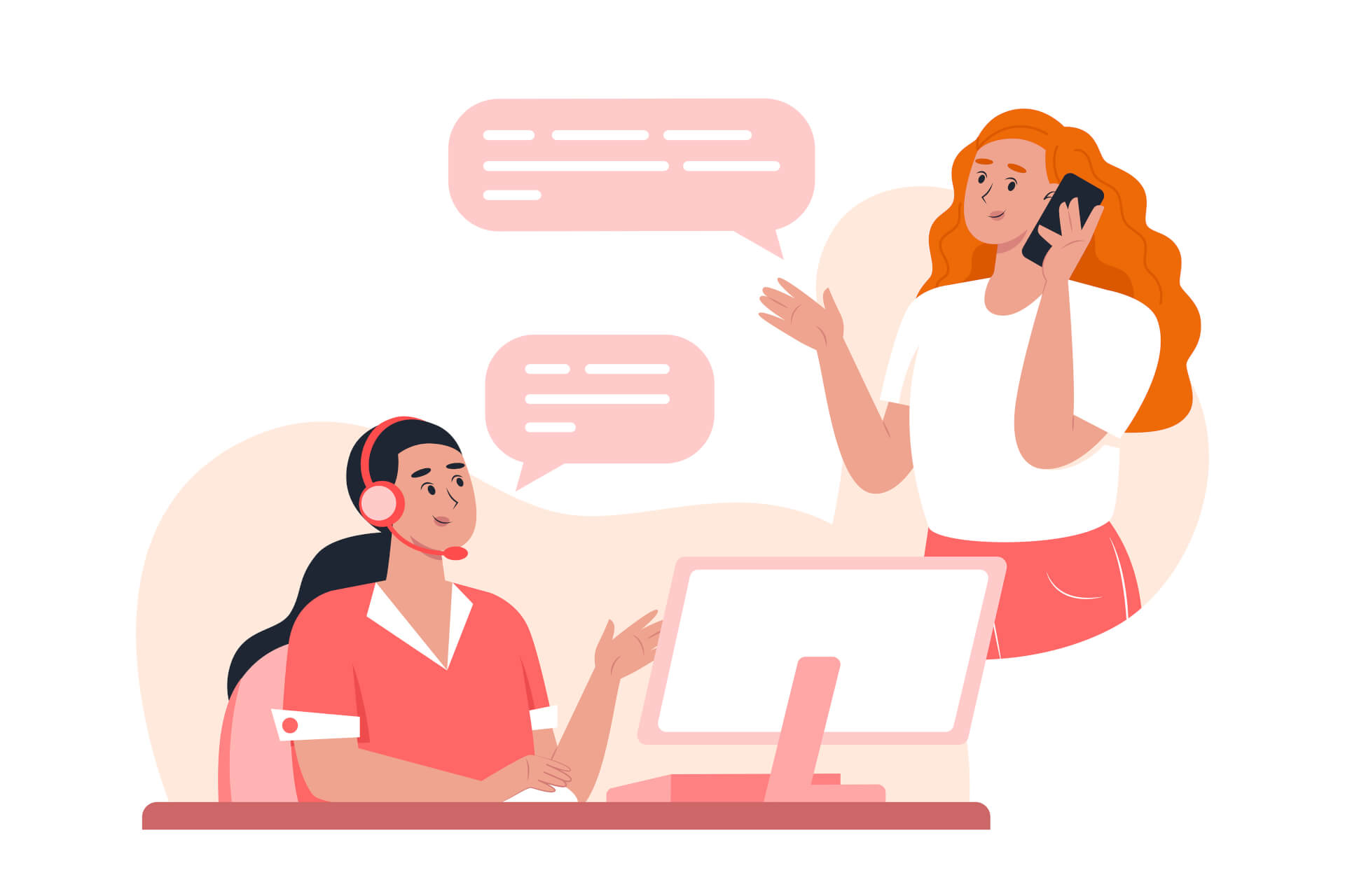 Illustration of a woman sitting on her desk, calling a customer, which is floating on the righ side of the image. They are talking, symbolizing a follow-up call. 