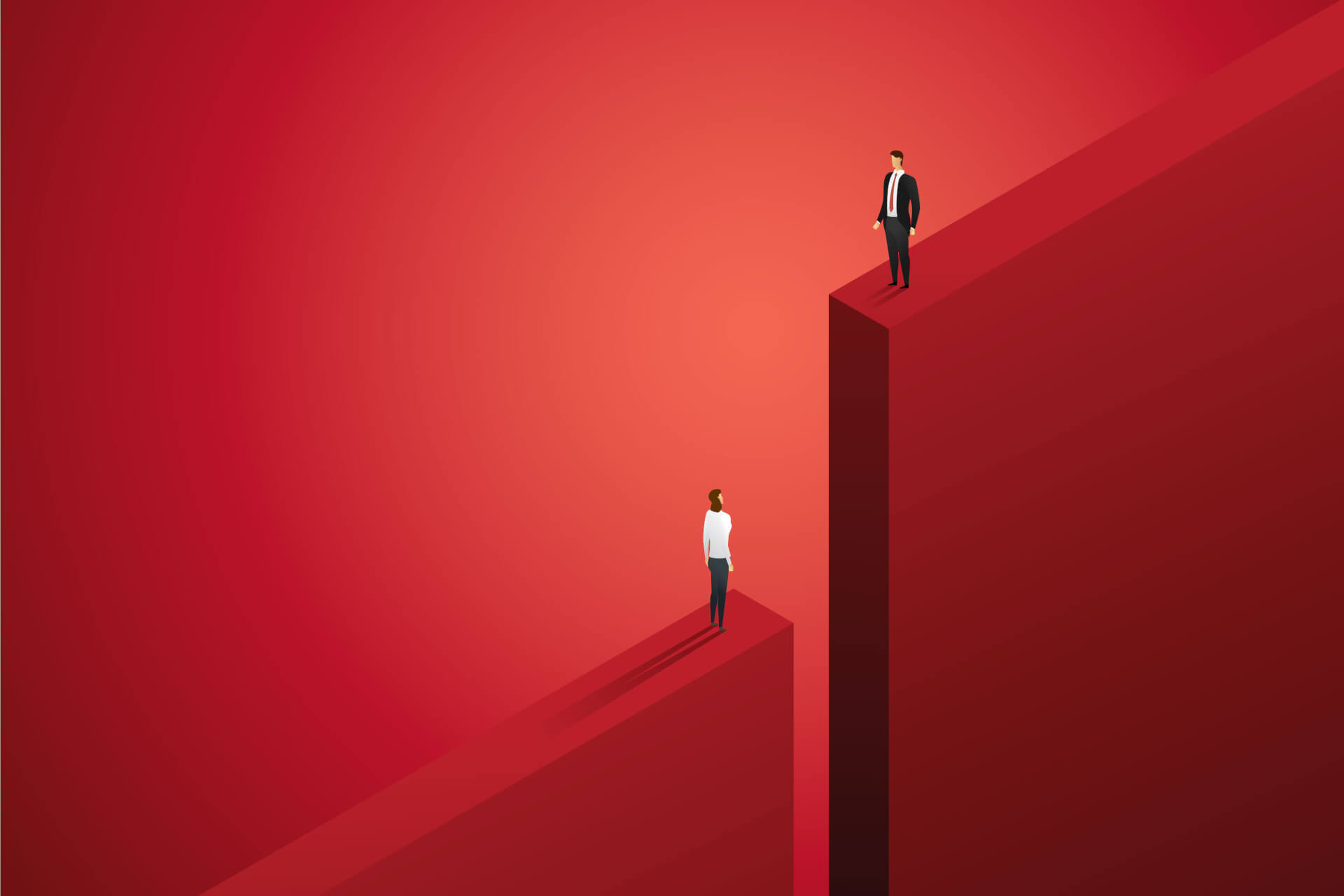 Illustration of two persons standing at the edge of a cliff, one side higher, looking at each other. 
