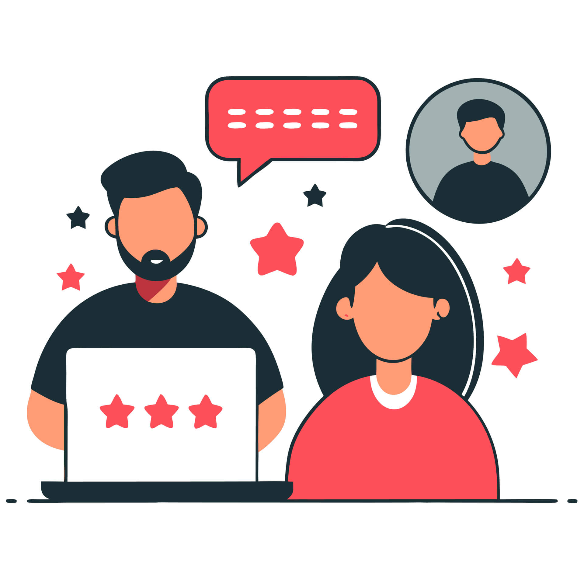 Illustration of a man and a woman sitting at the desk, looking at the data.