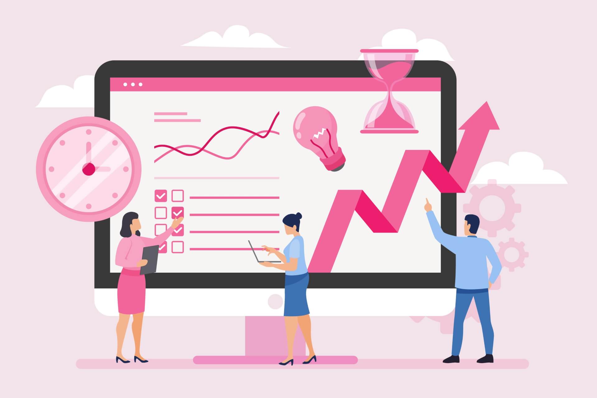 Illustration of a giant screen displaying data and statistics. A woman standing on the left, pointing to the data, Another woman holding a laptop standing in center, a man on the right, also pointing. 