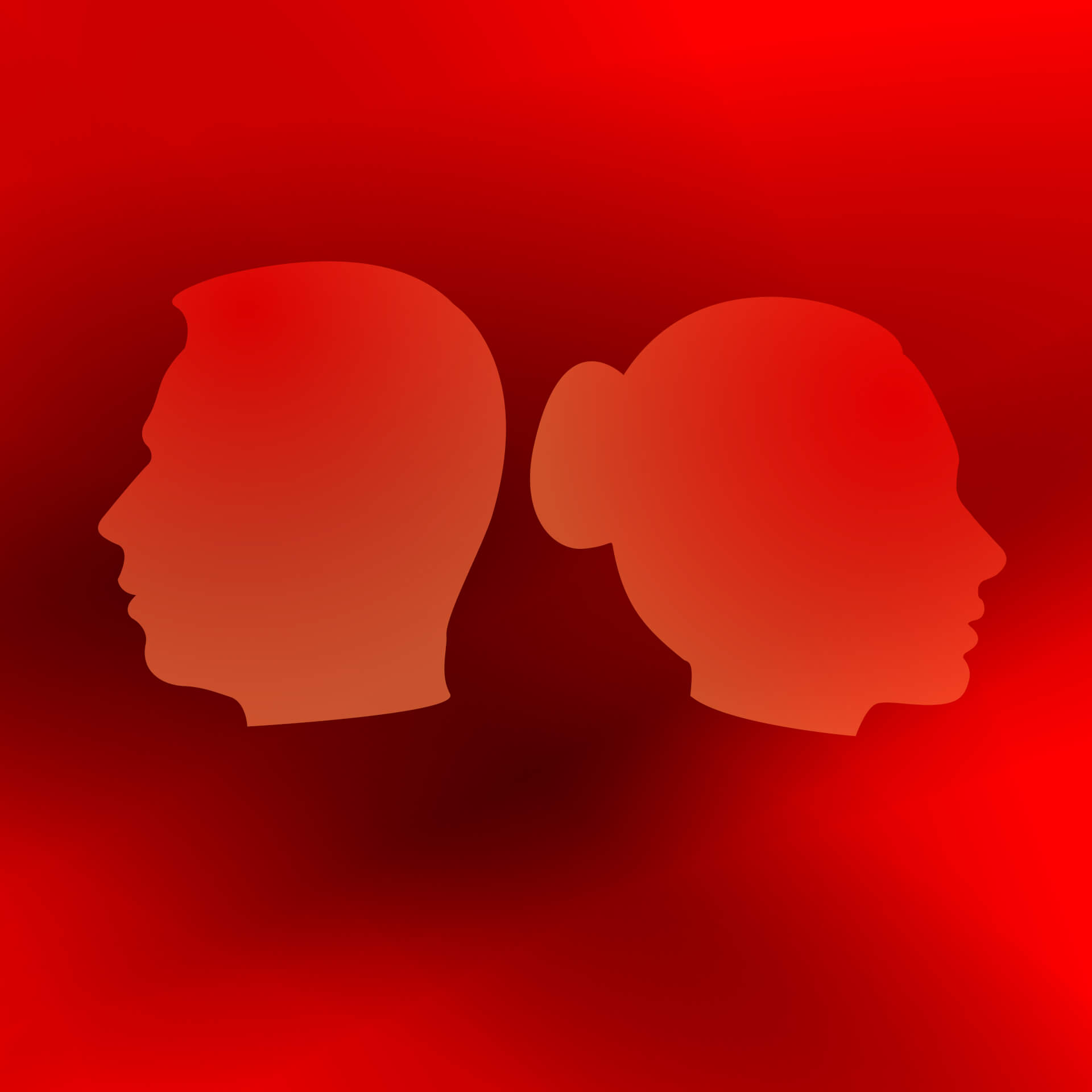 Illustration of two silhouettes of the heads of a man and a woman, facong away from each other. 