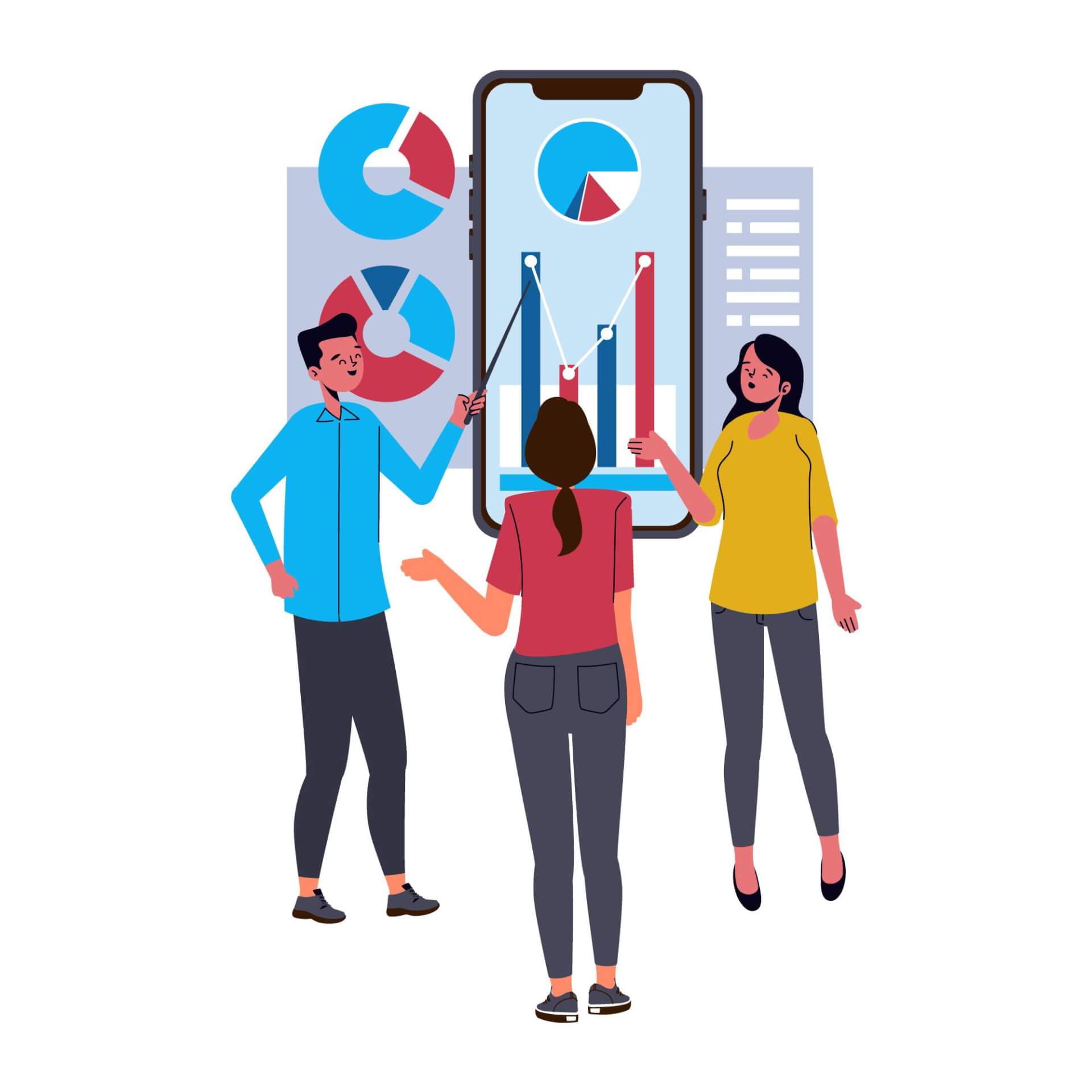 Illustration of three persons standing in front of a giant screen with statistical information and client data, talking and planning. 