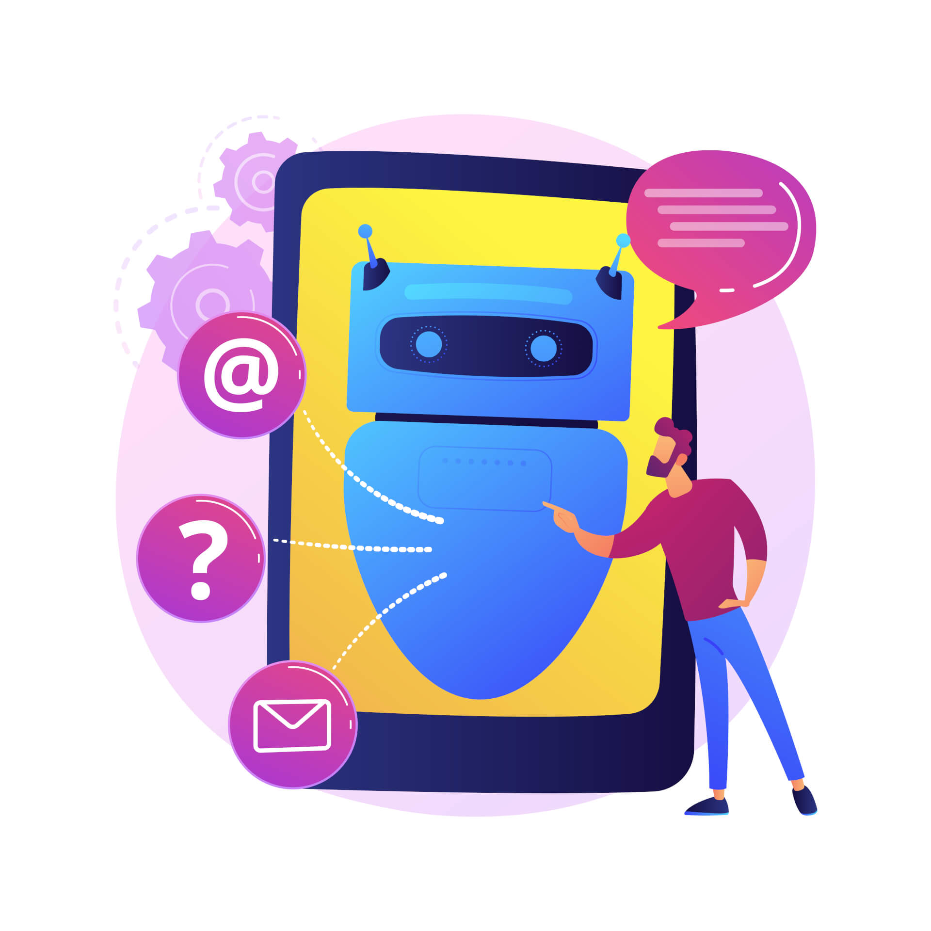 Illustration of a giant smartphone, a robot on the display, a man standing on front of the display, talking to the robot.